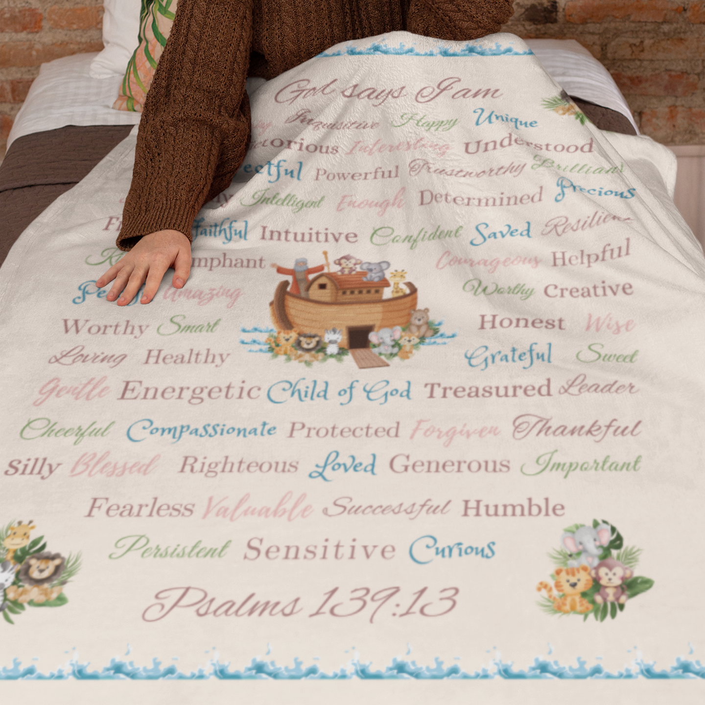 "God says I am" with Noah's Ark Blanket in Cream product thumbnail image "God says I am" with Noah's Ark Blanket in Cream product thumbnail image