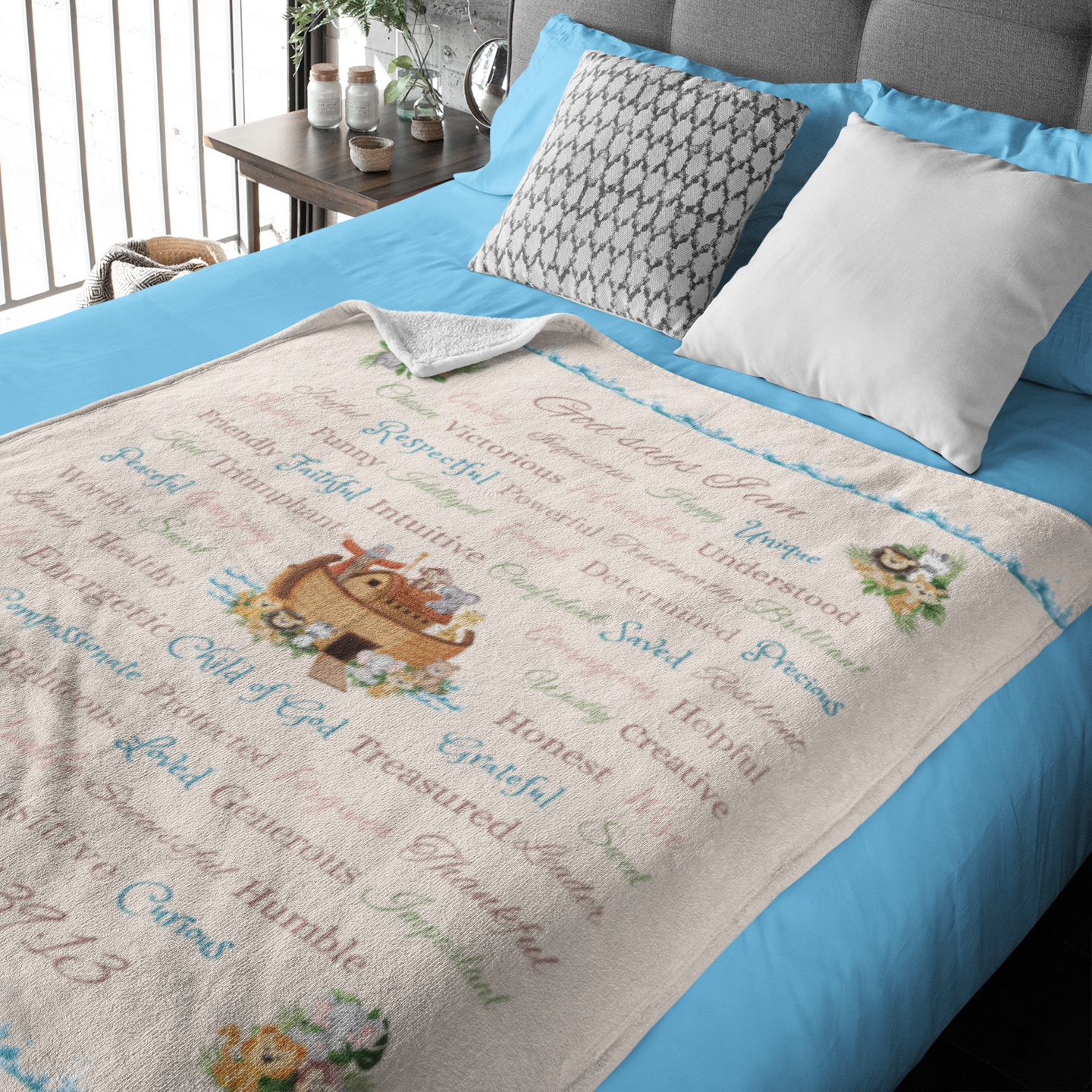 "God says I am" with Noah's Ark Blanket in Cream product thumbnail image "God says I am" with Noah's Ark Blanket in Cream product thumbnail image