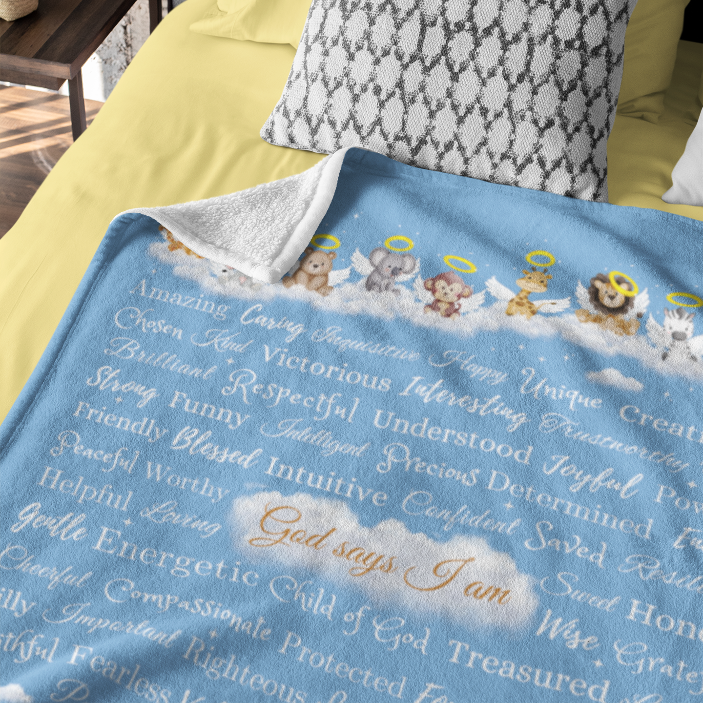 "God says I am" Angel Zoo Animal Blanket in Baby Blue product thumbnail image "God says I am" Angel Zoo Animal Blanket in Baby Blue product thumbnail image