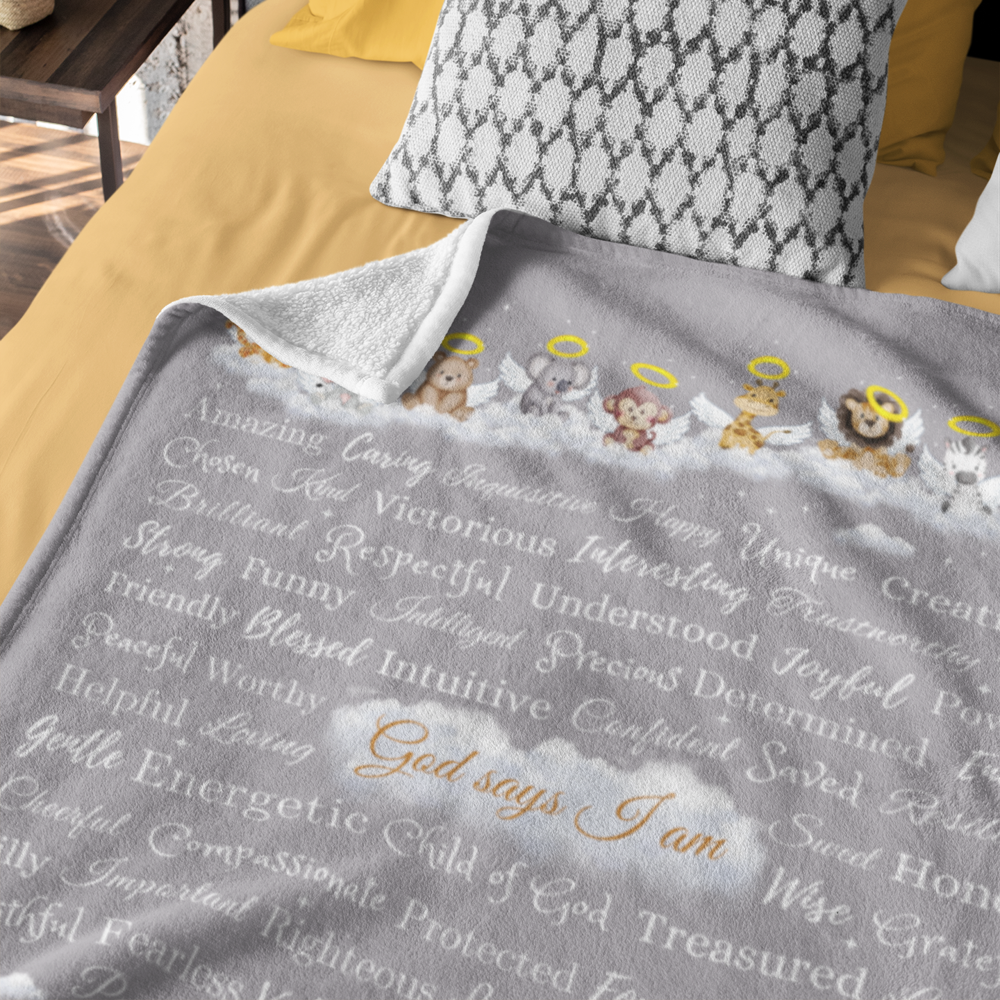 "God says I am" Angel Zoo Animal Blanket in Gray product thumbnail image "God says I am" Angel Zoo Animal Blanket in Gray product thumbnail image