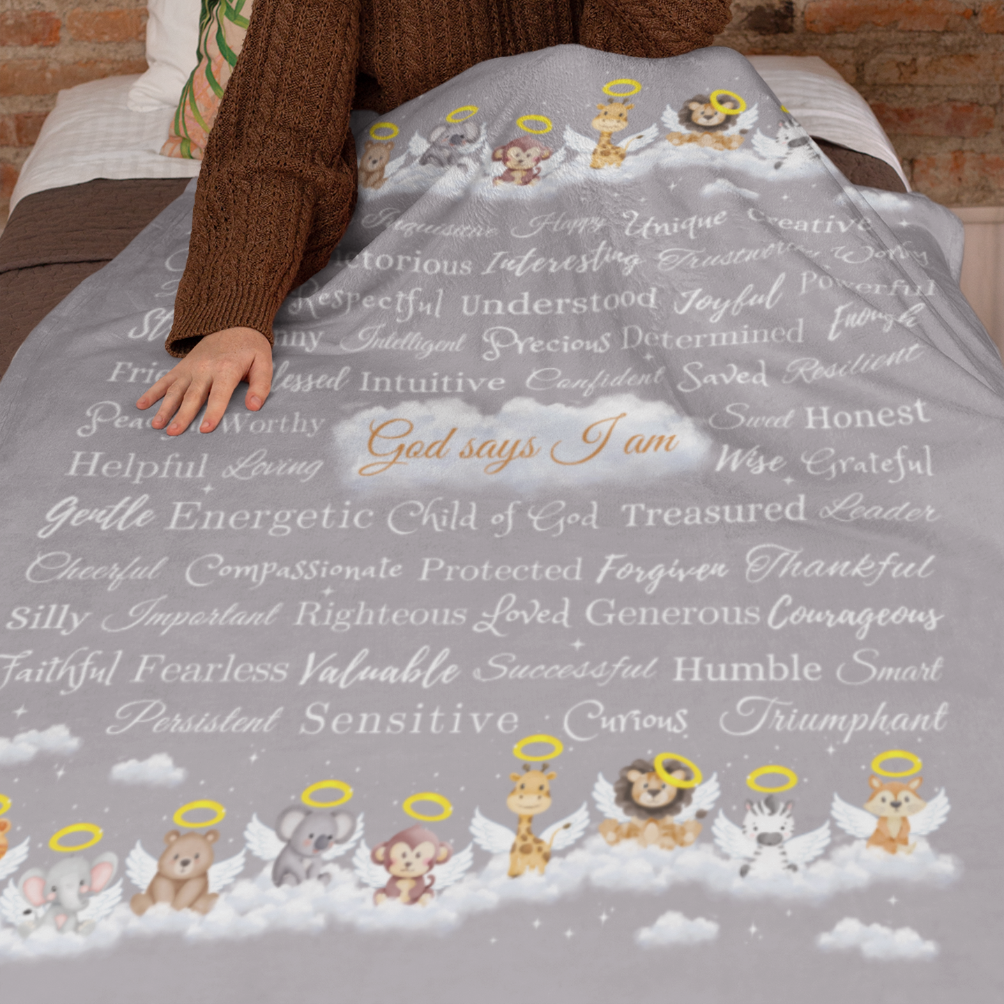 "God says I am" Angel Zoo Animal Blanket in Gray product thumbnail image "God says I am" Angel Zoo Animal Blanket in Gray product thumbnail image