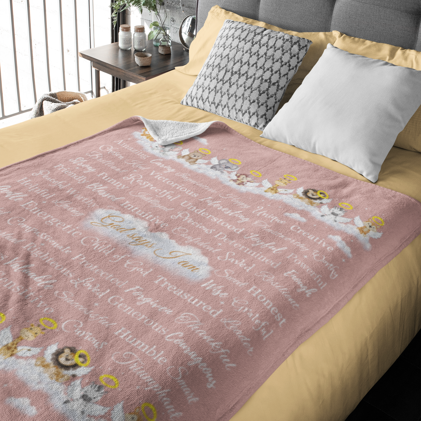 "God says I am" Angel Zoo Animal Blanket in Rose Gold product thumbnail image "God says I am" Angel Zoo Animal Blanket in Rose Gold product thumbnail image