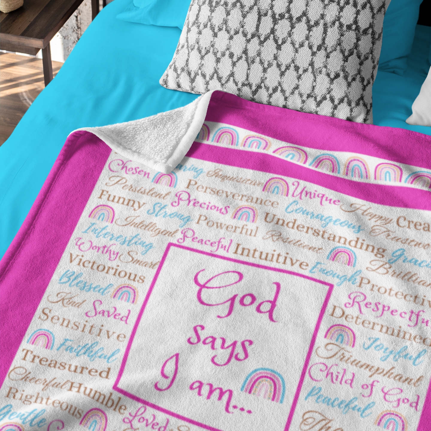 "God says I am" with Rainbows Blanket in Dark Pink product thumbnail image "God says I am" with Rainbows Blanket in Dark Pink product thumbnail image