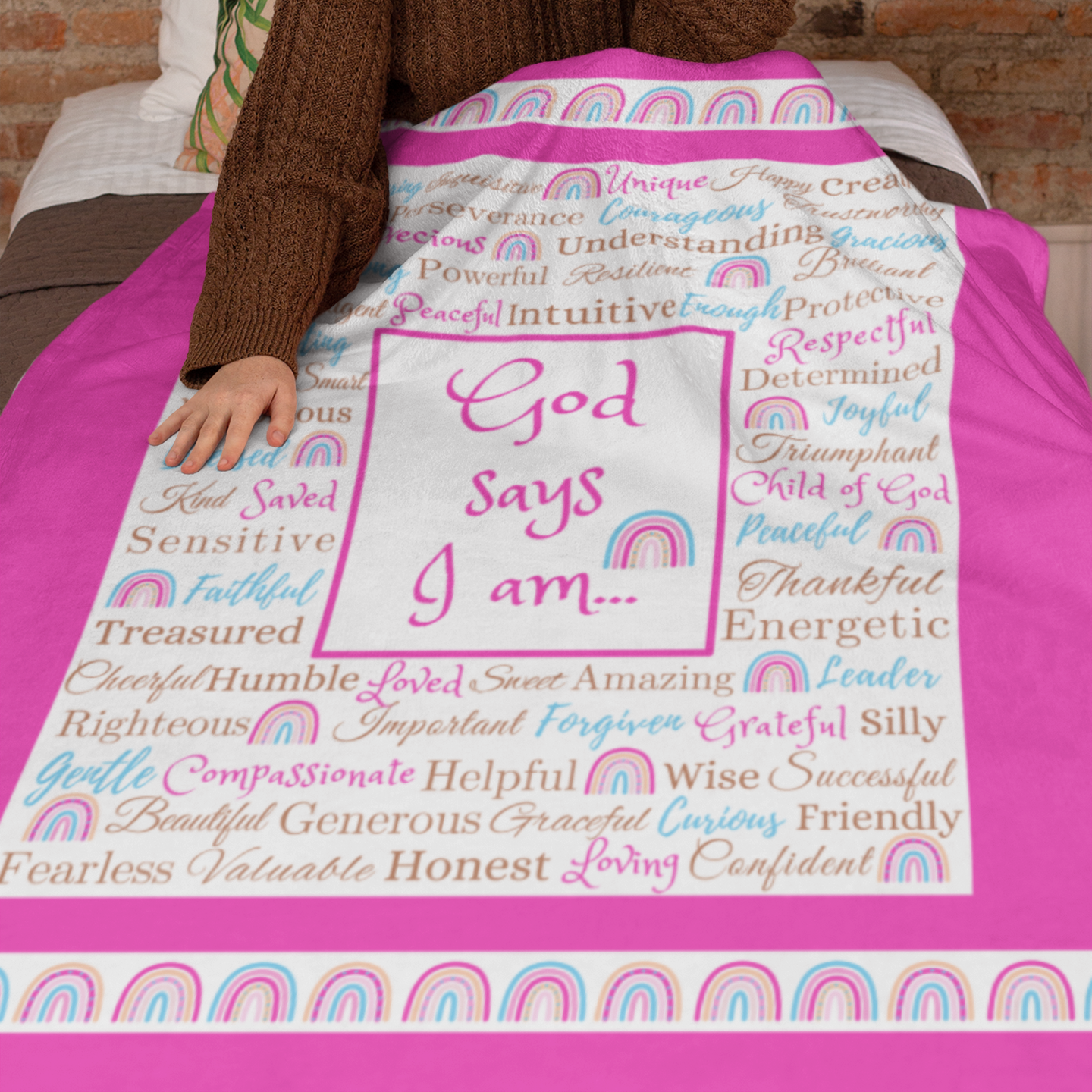 "God says I am" with Rainbows Blanket in Dark Pink product thumbnail image "God says I am" with Rainbows Blanket in Dark Pink product thumbnail image