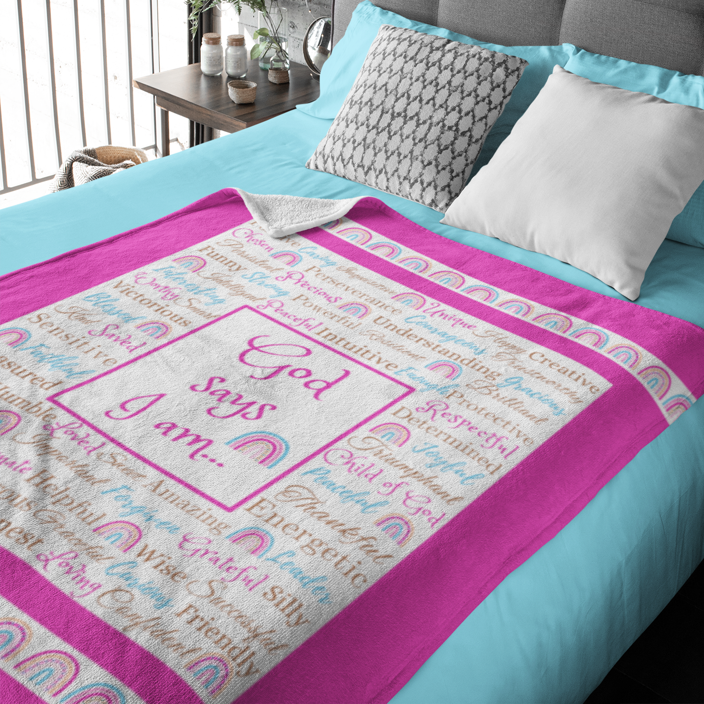 "God says I am" with Rainbows Blanket in Dark Pink product thumbnail image "God says I am" with Rainbows Blanket in Dark Pink product thumbnail image