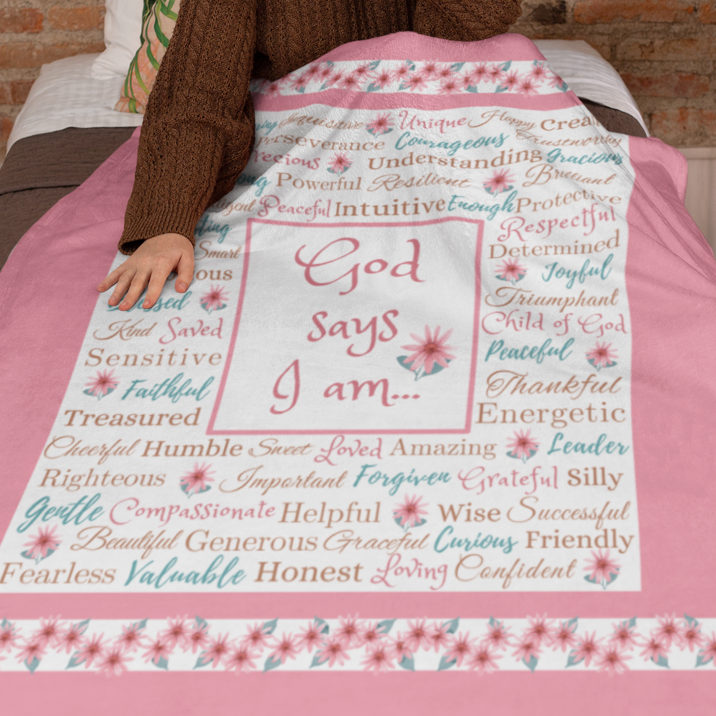 "God says I am" with Daises Blanket in Rose Gold product thumbnail image "God says I am" with Daises Blanket in Rose Gold product thumbnail image