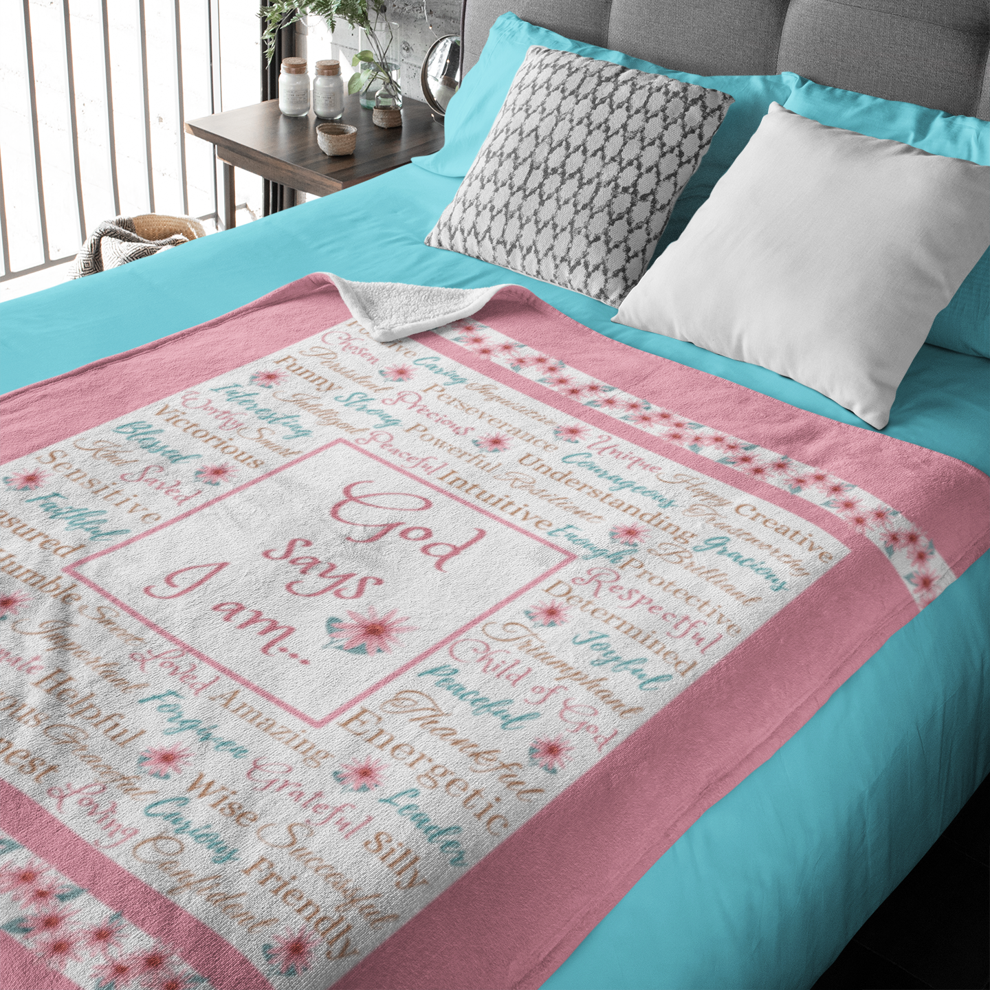 "God says I am" with Daises Blanket in Rose Gold product thumbnail image "God says I am" with Daises Blanket in Rose Gold product thumbnail image