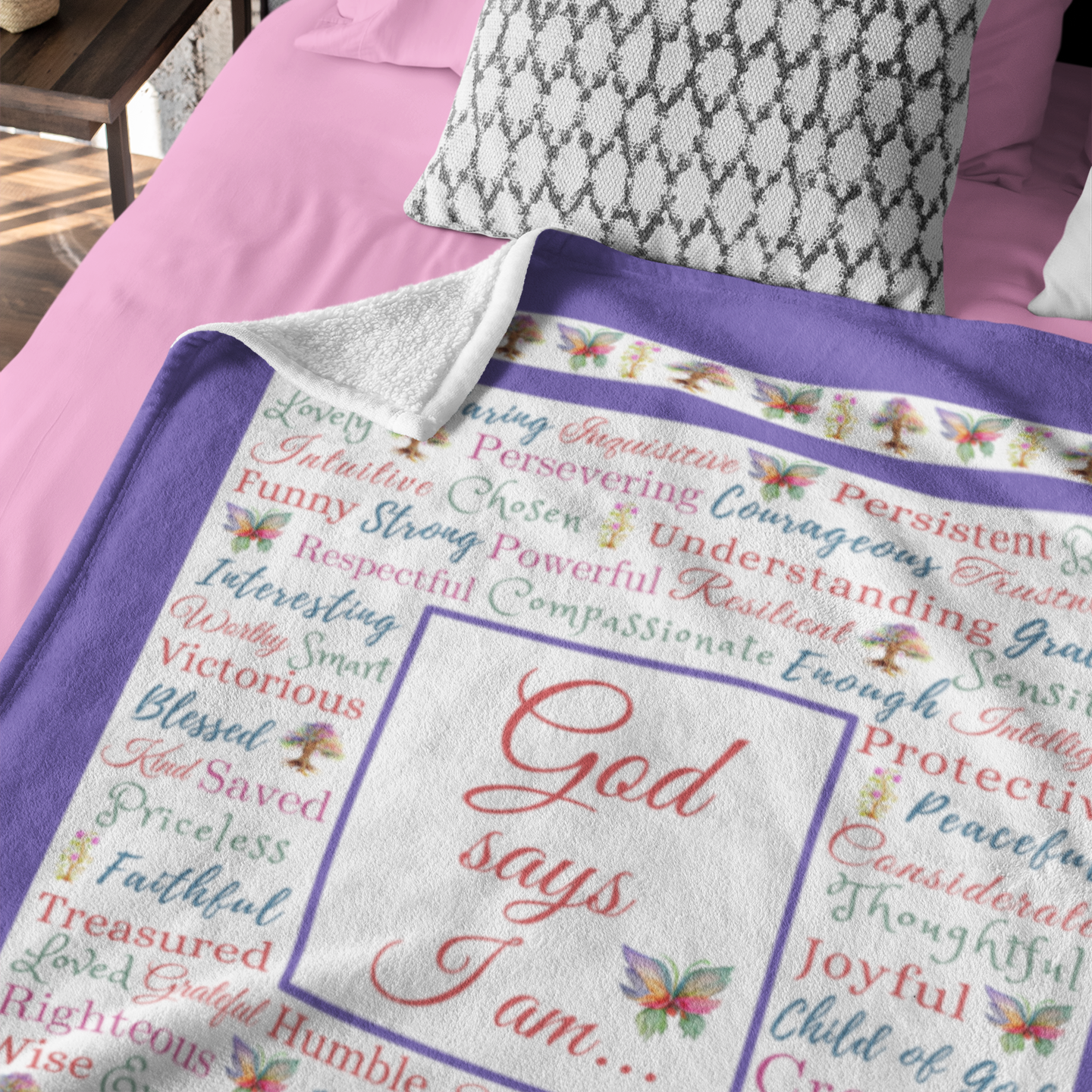 "God says I am" with Butterflies and Trees Blanket in Purple product thumbnail image
