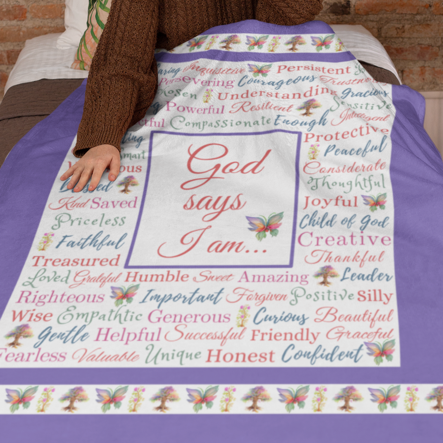 "God says I am" with Butterflies and Trees Blanket in Purple product thumbnail image