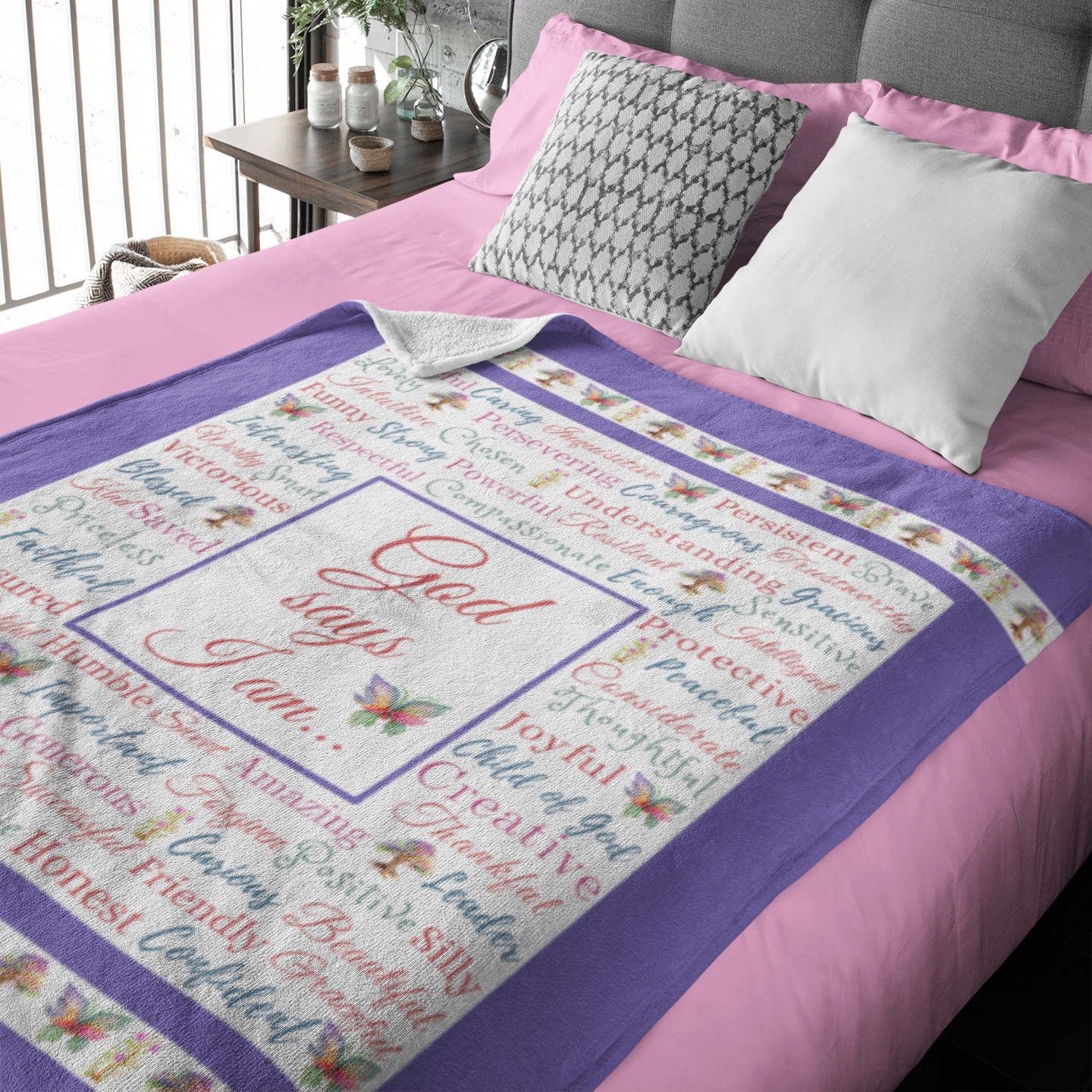 "God says I am" with Butterflies and Trees Blanket in Purple product thumbnail image "God says I am" with Butterflies and Trees Blanket in Purple product thumbnail image