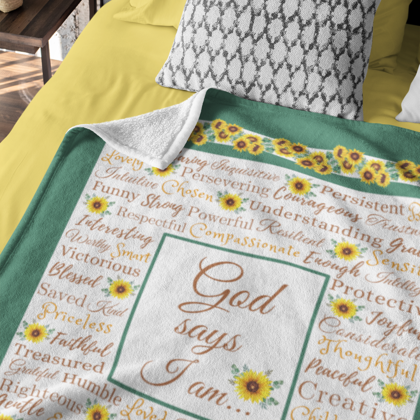 "God says I am" with Sun flowers Blanket in Green product thumbnail image