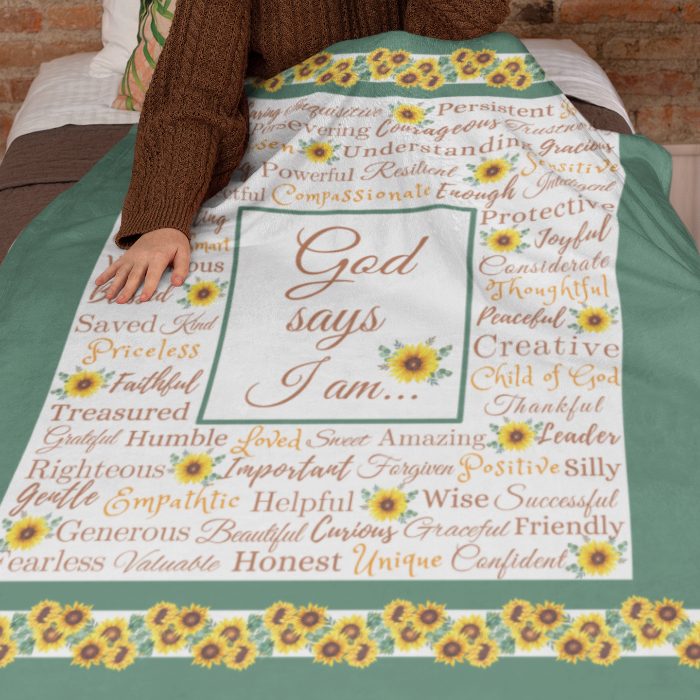 "God says I am" with Sun flowers Blanket in Green product thumbnail image "God says I am" with Sun flowers Blanket in Green product thumbnail image