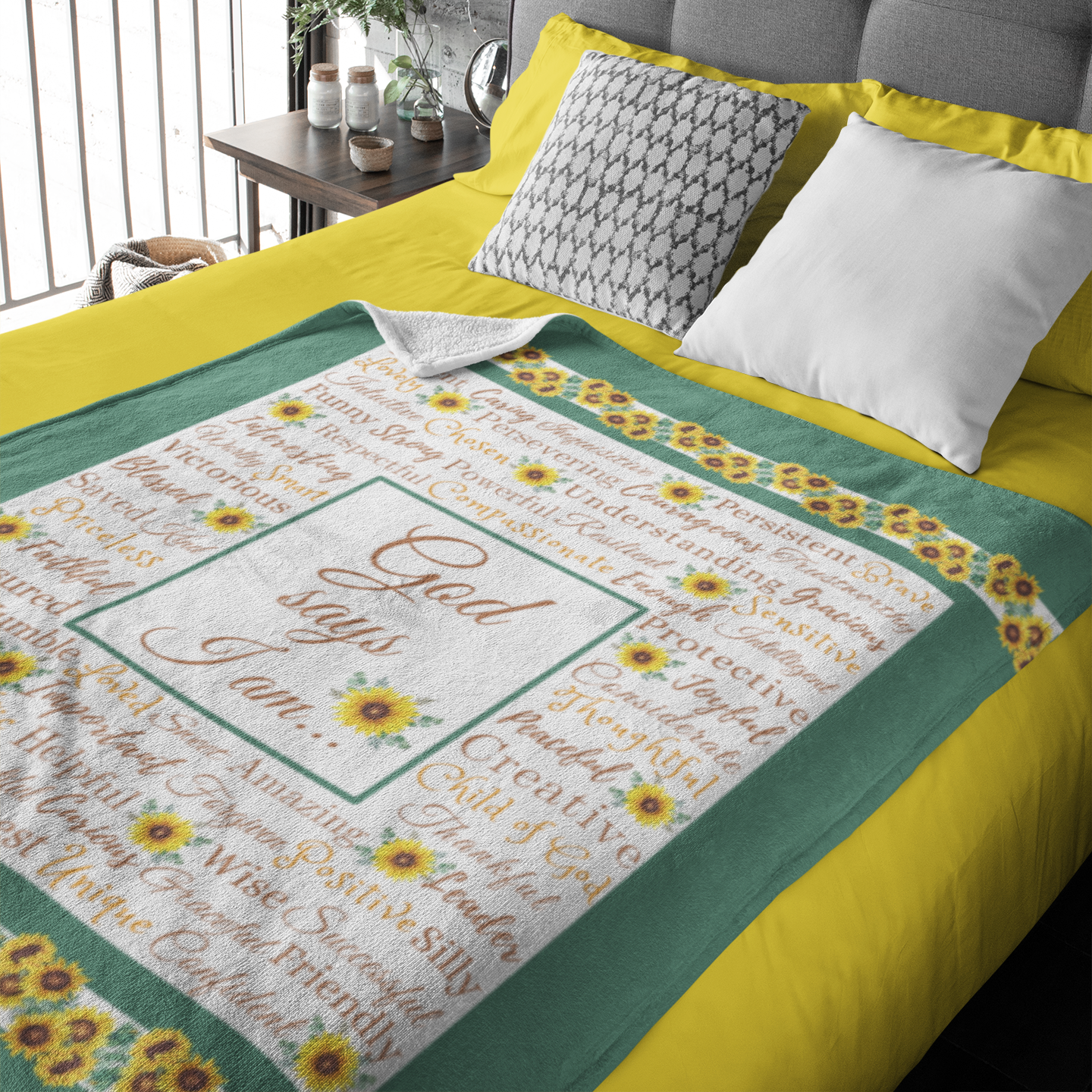 "God says I am" with Sun flowers Blanket in Green product thumbnail image "God says I am" with Sun flowers Blanket in Green product thumbnail image