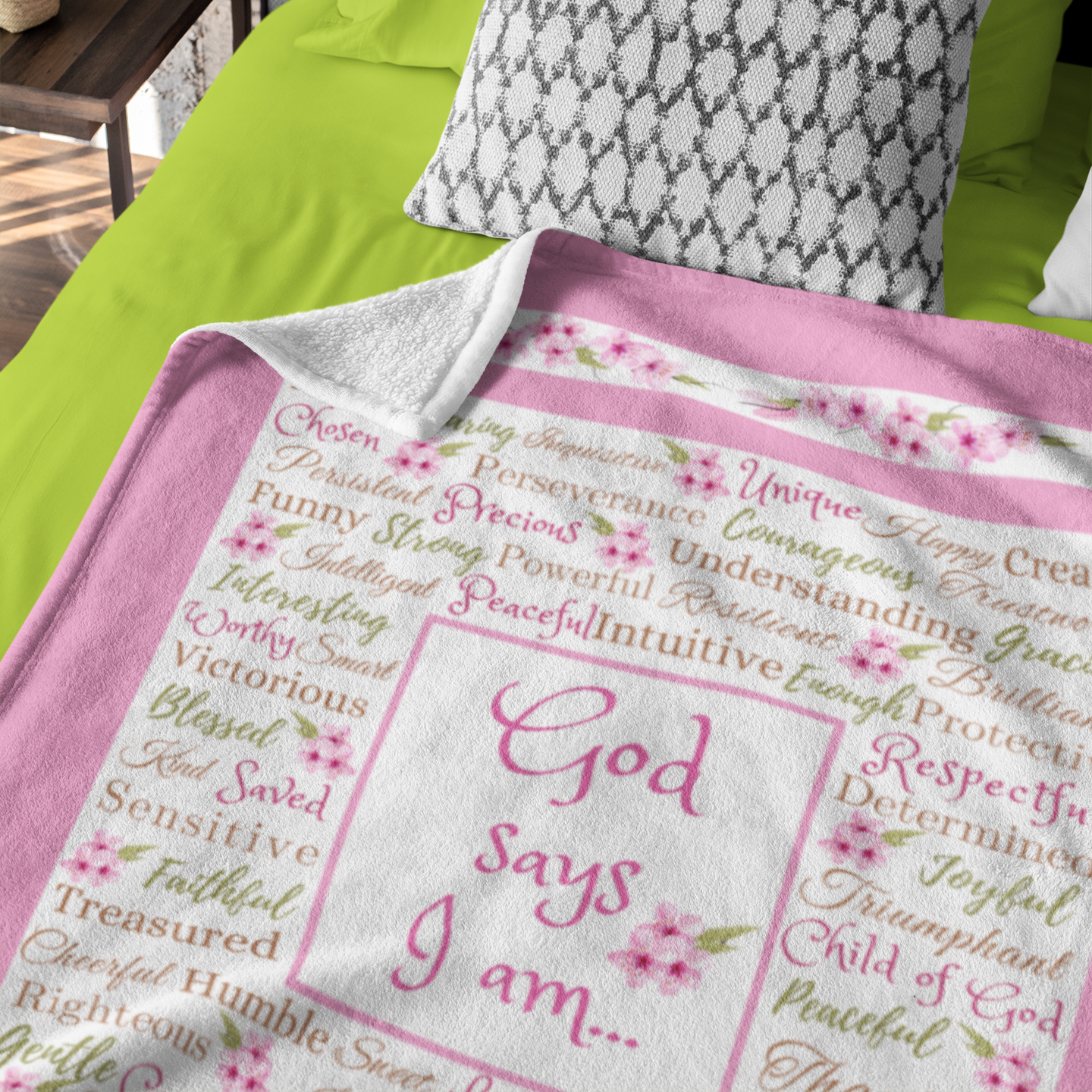"God says I am" with Cherry Blossoms Blanket in Light Pink product thumbnail image "God says I am" with Cherry Blossoms Blanket in Light Pink product thumbnail image