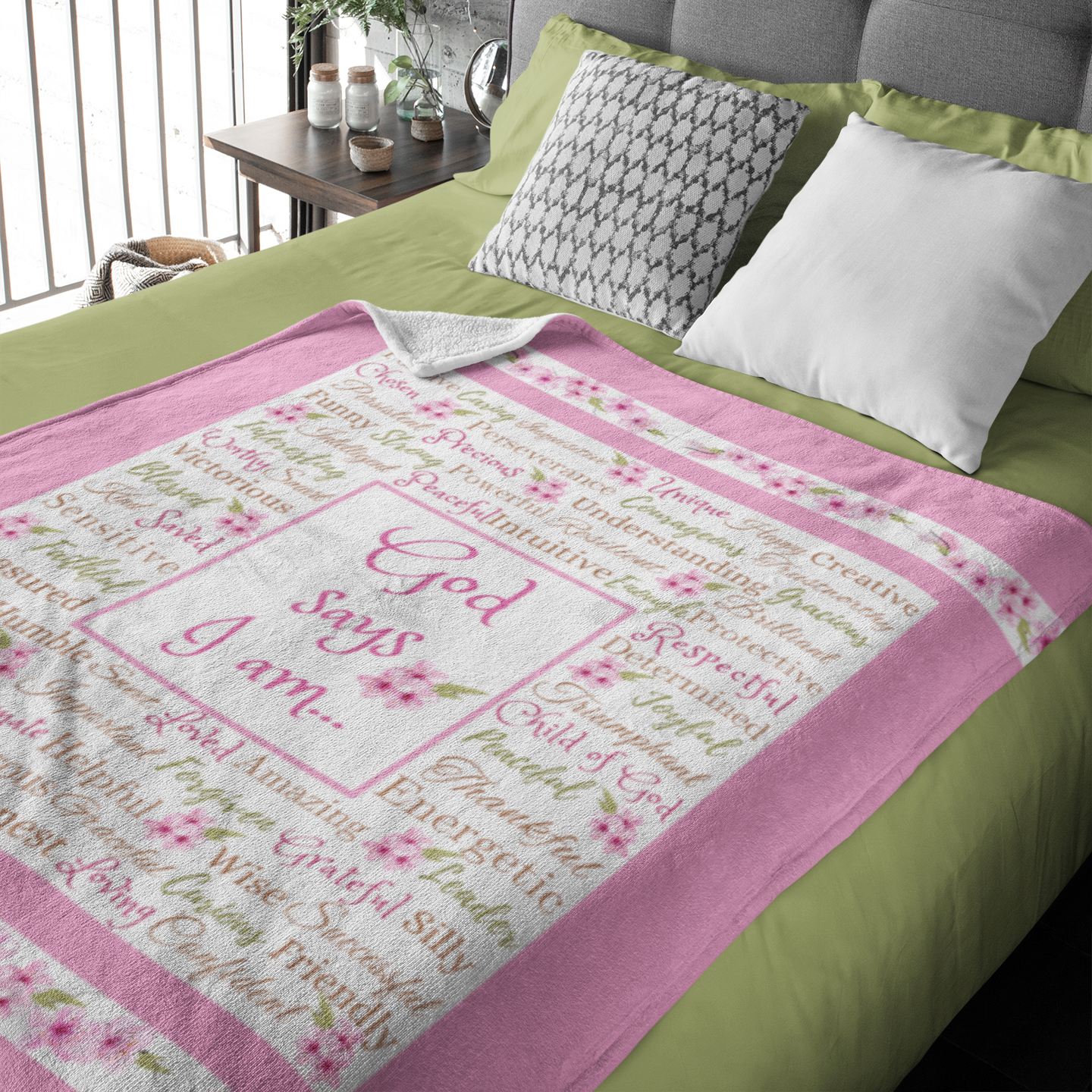 "God says I am" with Cherry Blossoms Blanket in Light Pink product thumbnail image