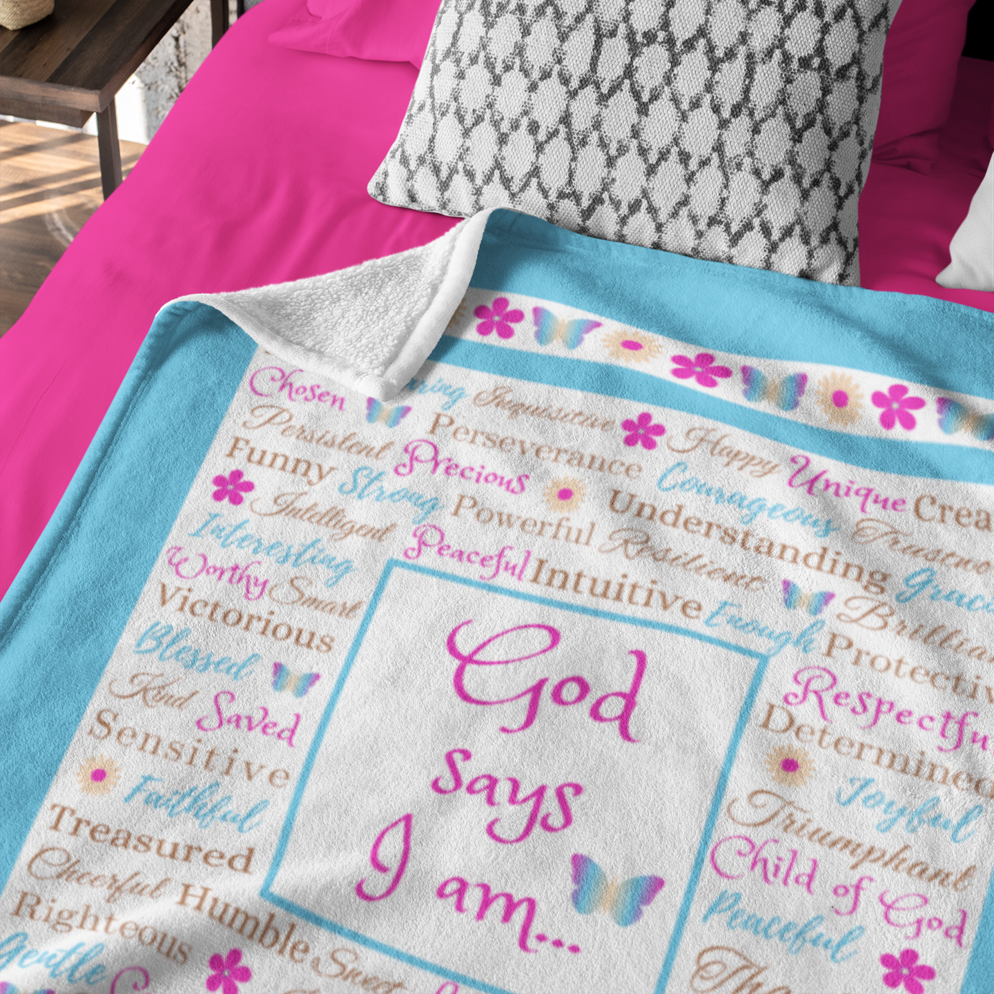 "God says I am" Teal Blue Blanket with Butterflies and Flowers product thumbnail image "God says I am" Teal Blue Blanket with Butterflies and Flowers product thumbnail image