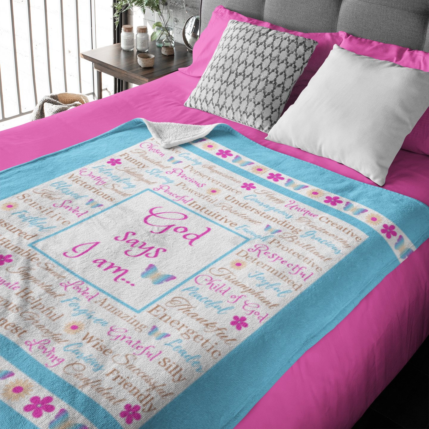 "God says I am" Teal Blue Blanket with Butterflies and Flowers product thumbnail image "God says I am" Teal Blue Blanket with Butterflies and Flowers product thumbnail image