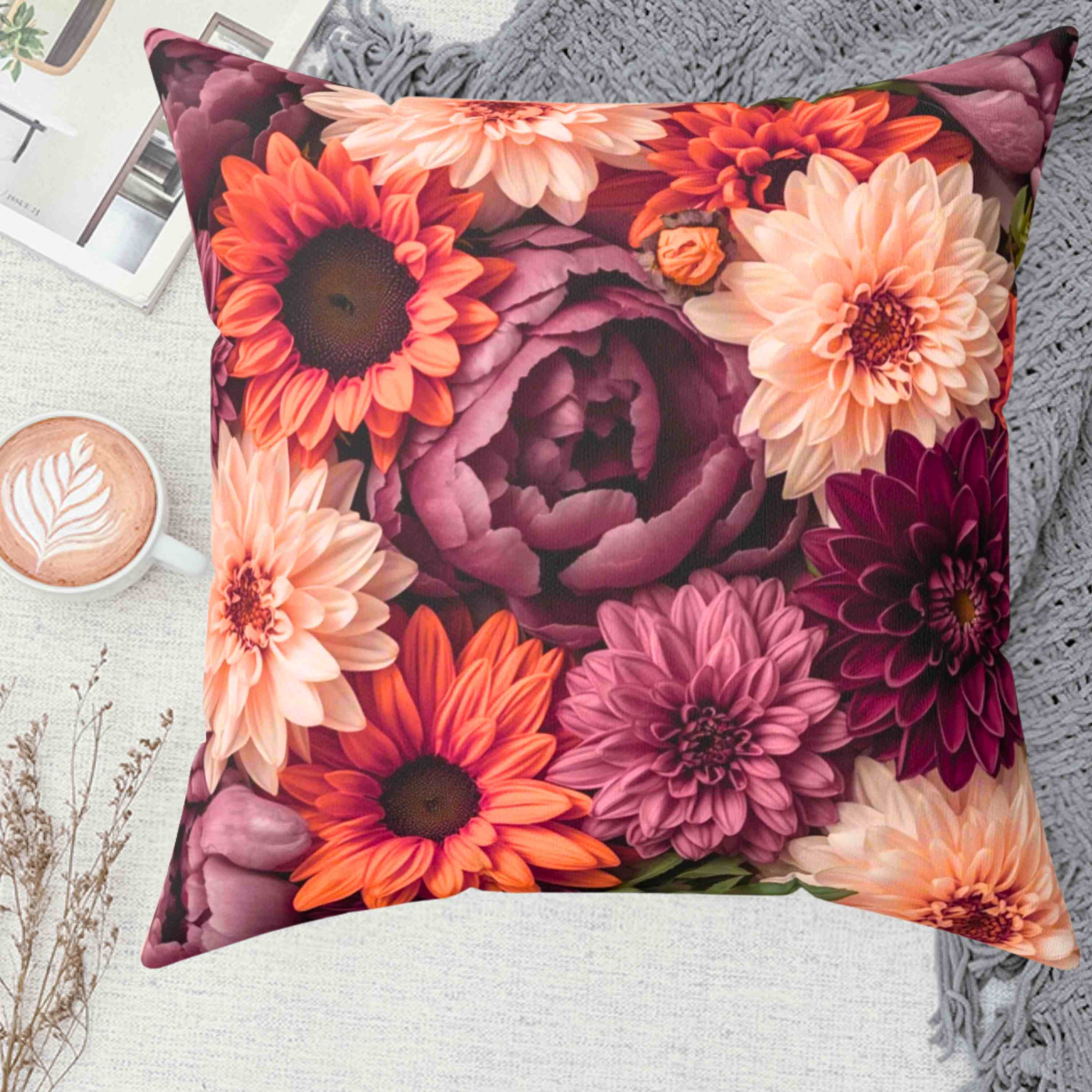 Autumn Floral Square Pillow, Decorative Throw Pillow, Cozy Home Accent, Gift for Her, Living Room Decor, Housewarming Gift
