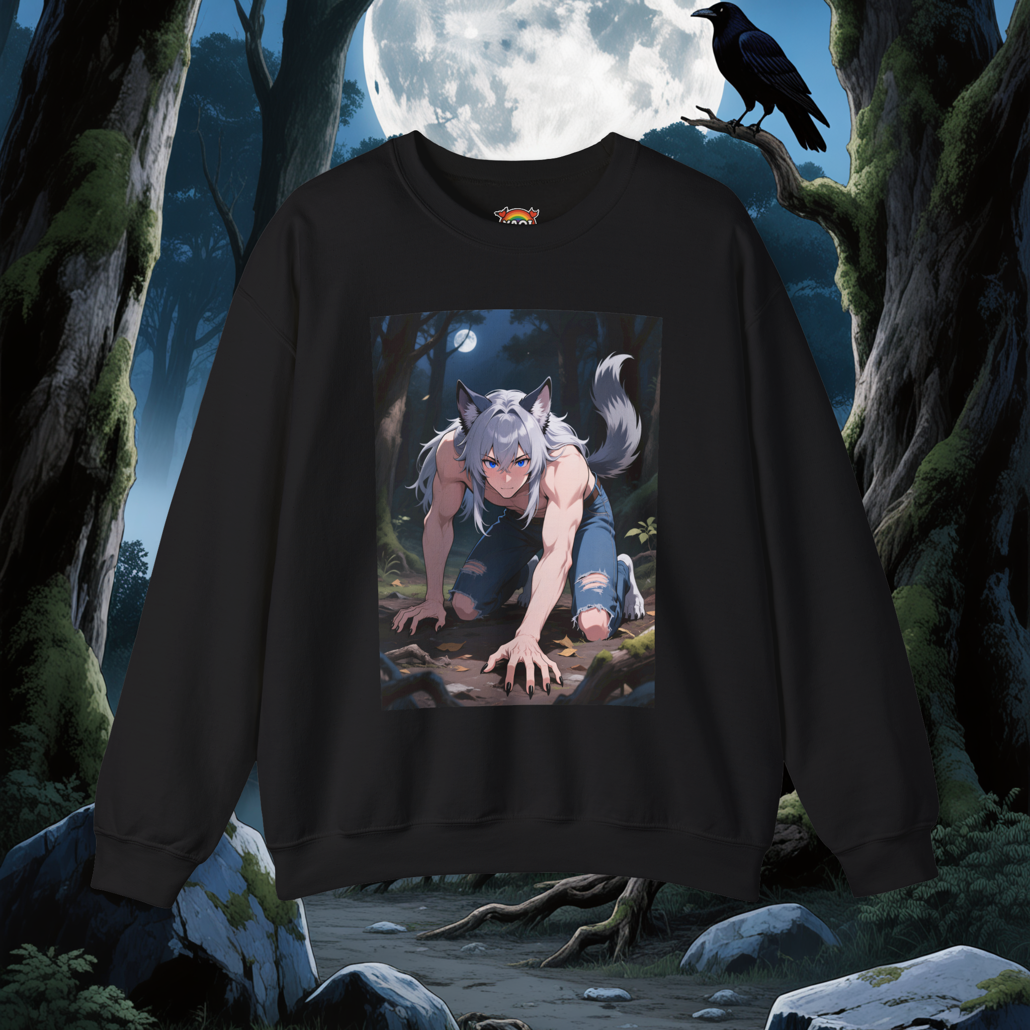 Luca Werewolf Crewneck Sweatshirt — Unisex Heavy-Blend Pullover (Gothic Anime Wolfman, Fleece Interior, Custom Embroidery, Oeko-Tex Dyes)