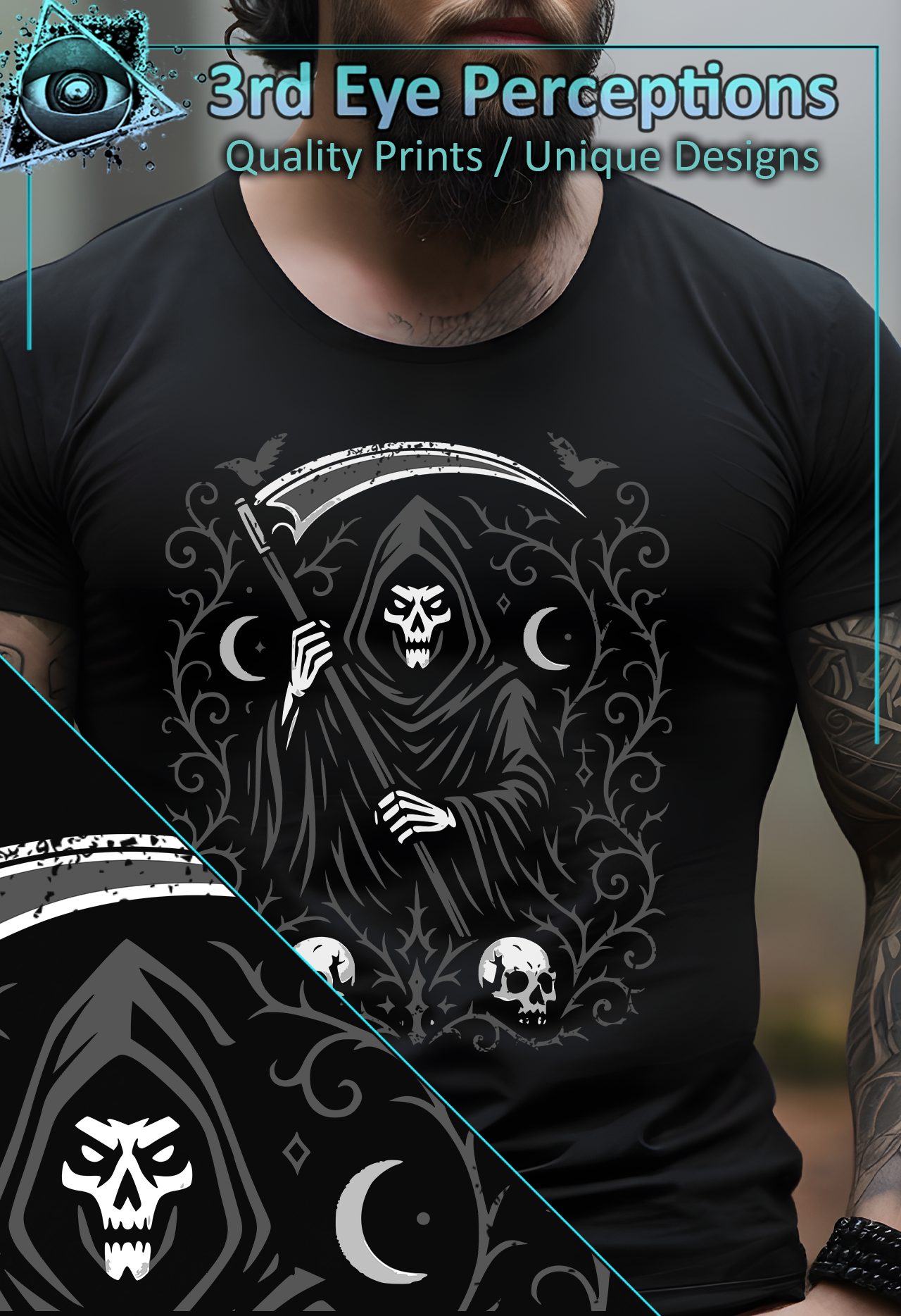 Vintage Grim Reaper Skeleton Halloween Gothic Horror Skull Deathcore Gaming