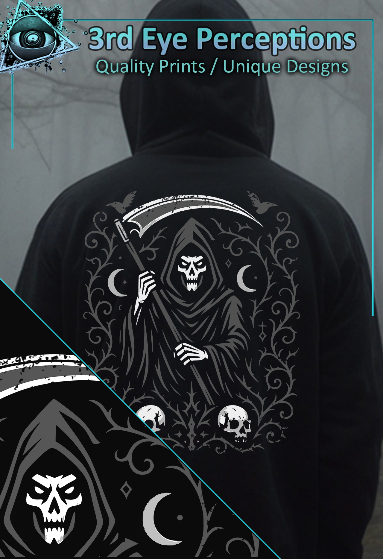 Vintage Grim Reaper Skeleton Halloween Gothic Horror Skull Deathcore Gaming Graphic Back Print ( Unisex Heavy Blend™ Hooded )