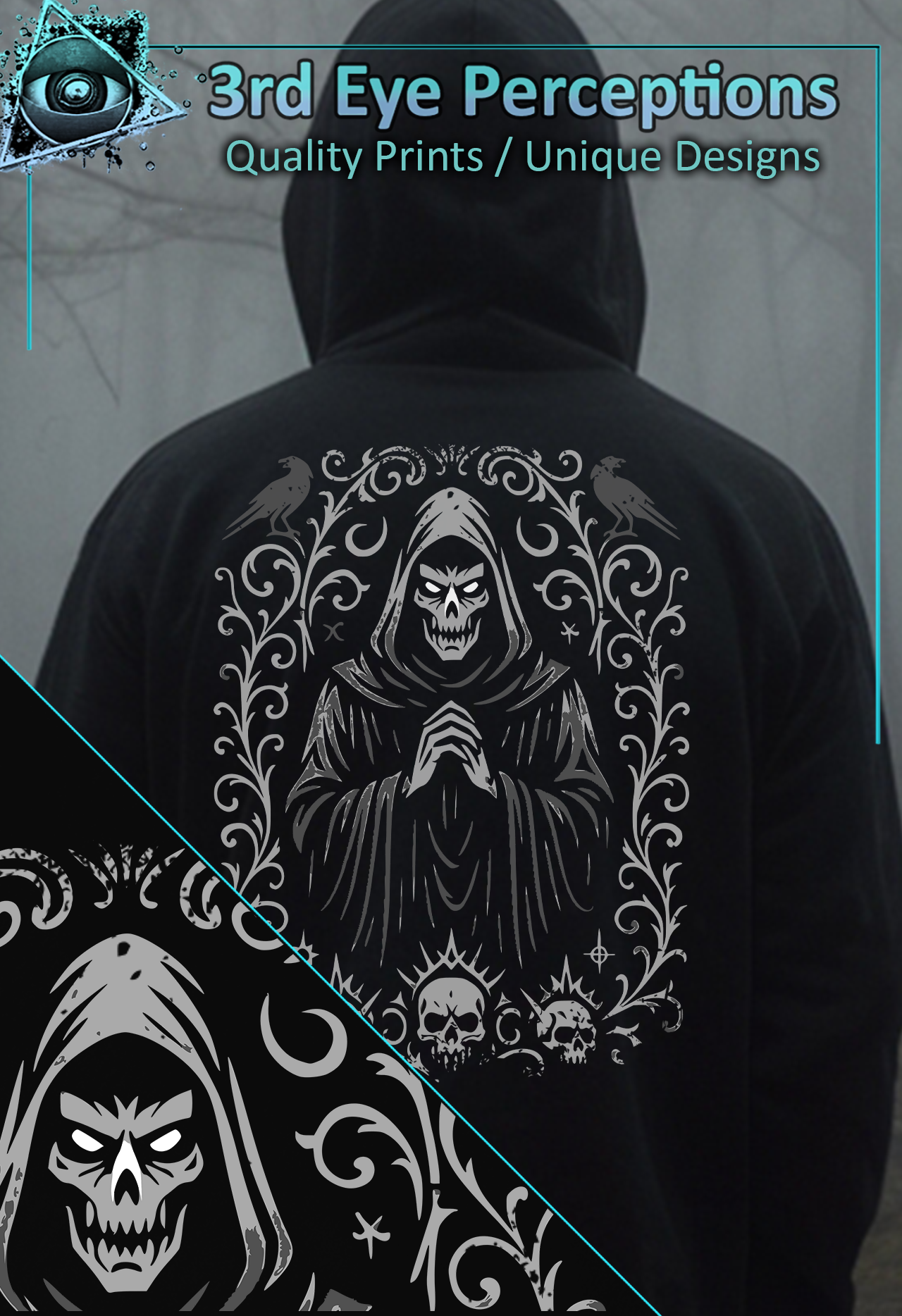 Vintage Necromancer Reaper Skeleton Halloween Gothic Horror Skull Deathcore Gaming Graphic Back Print ( Unisex Heavy Blend™ Hooded )