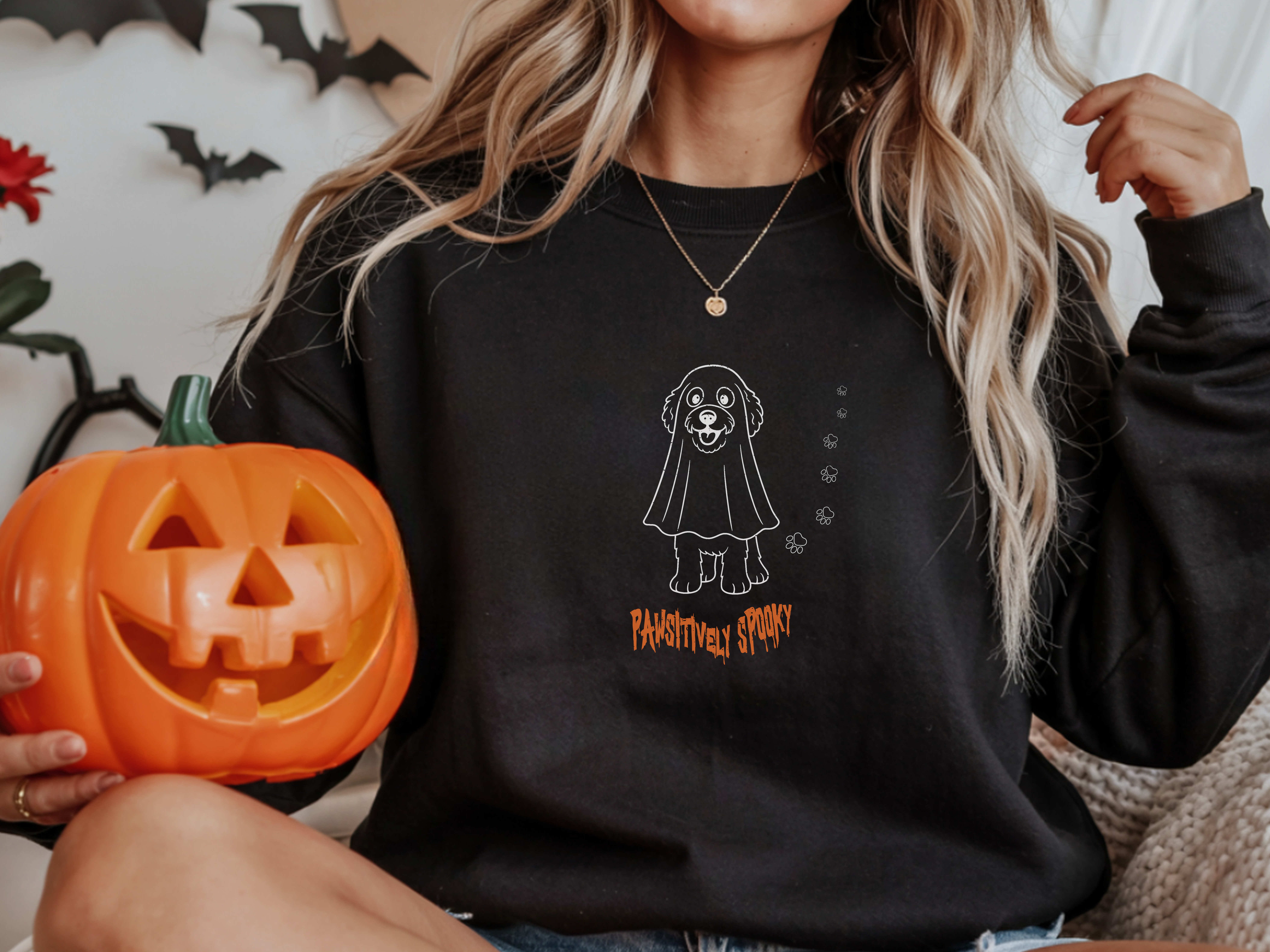 Pawsitively Spooky Distressed Doodle Sweatshirt, Funny Halloween Dog Mom Crewneck with Paw Prints product thumbnail image Pawsitively Spooky Distressed Doodle Sweatshirt, Funny Halloween Dog Mom Crewneck with Paw Prints product thumbnail image
