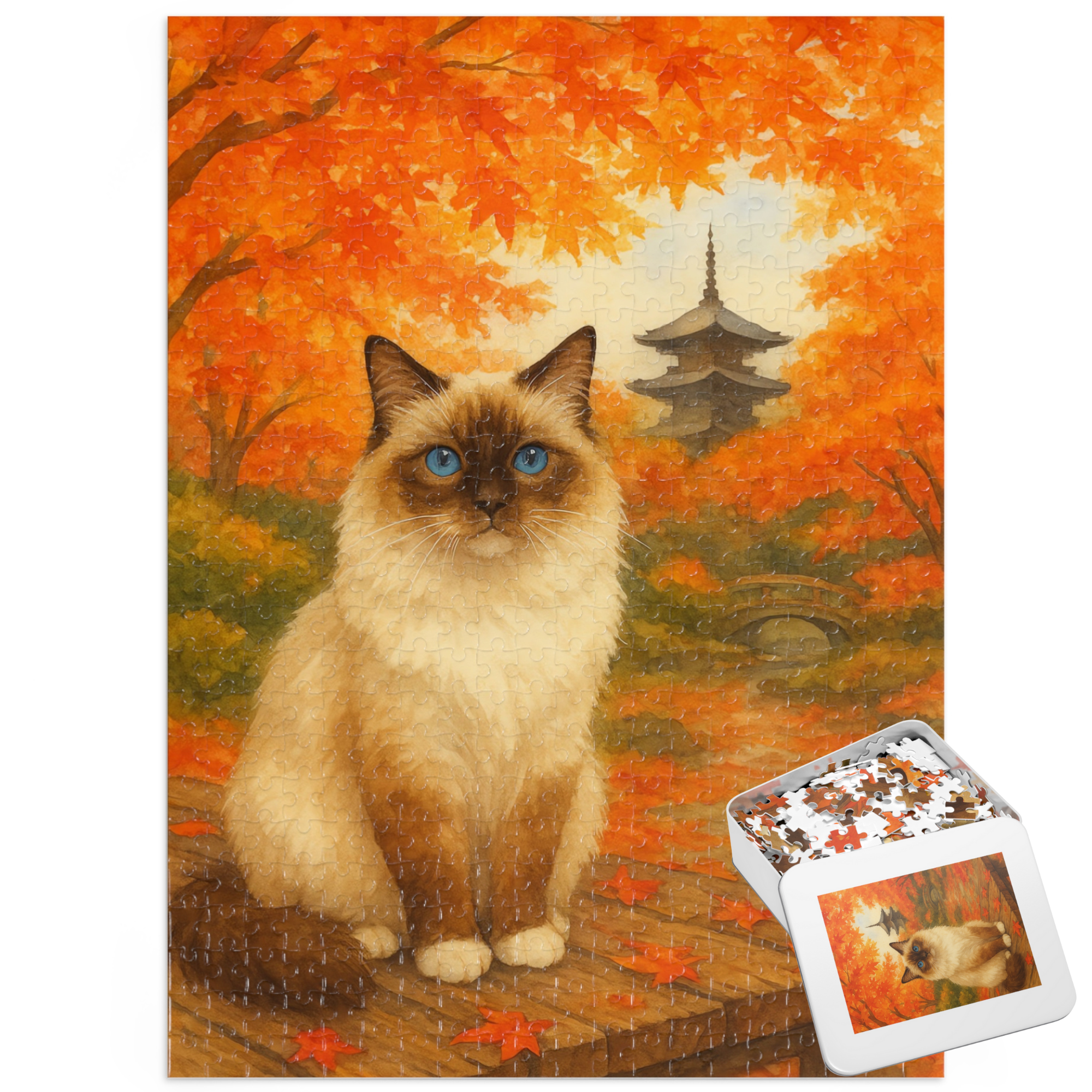 Autumn in Japan Jigsaw Puzzle: A Ragdoll Cat and Maple Leaves