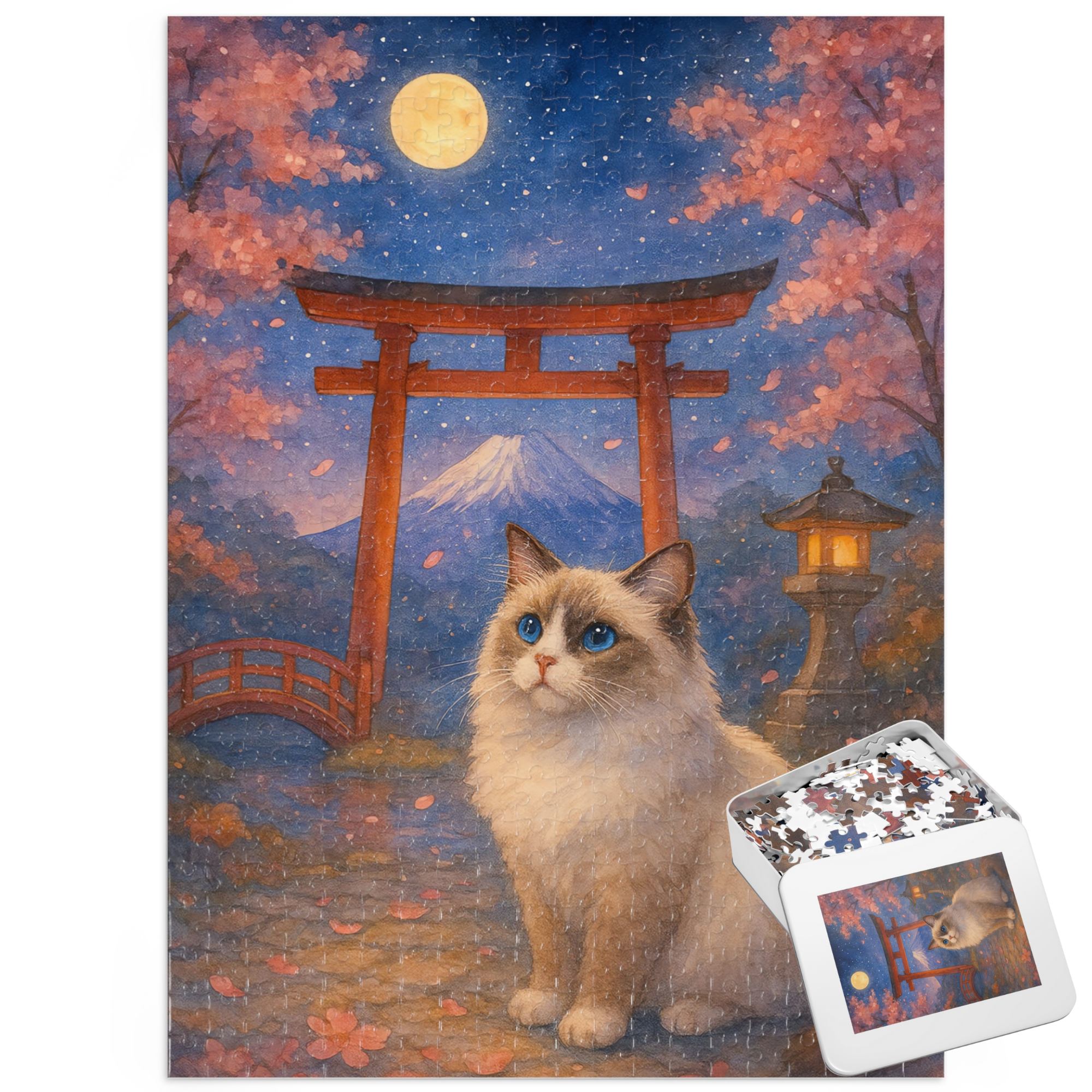 Moonlit Sakura Jigsaw Puzzle: A Ragdoll Cat and Mount Fuji