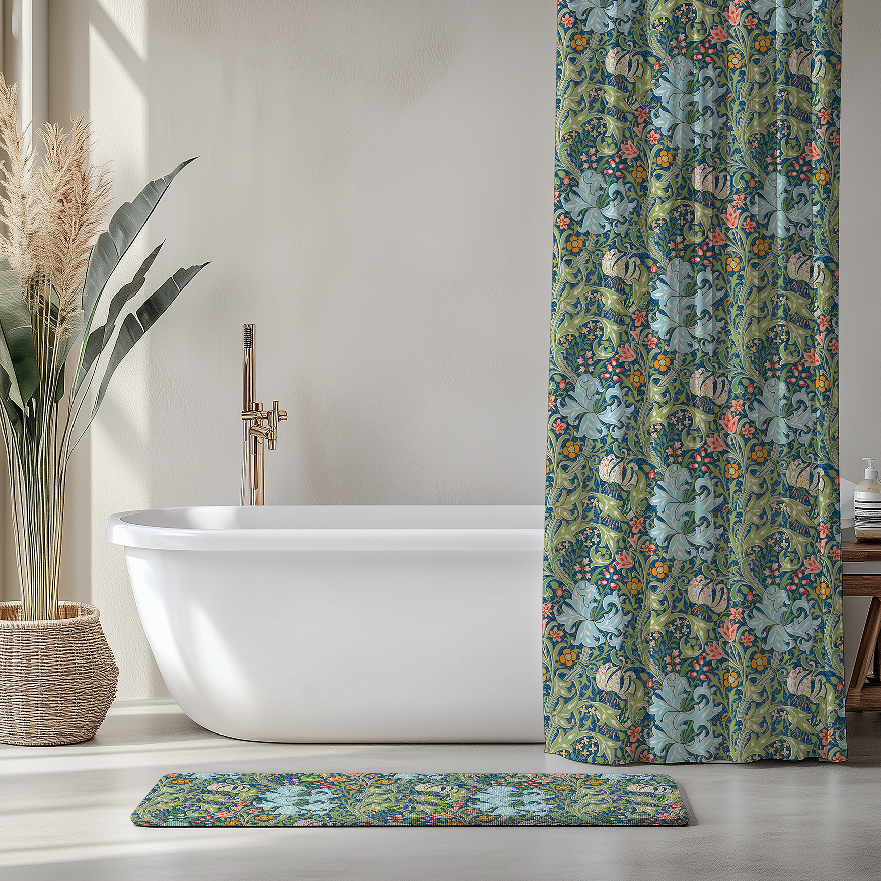 William Morris Shower Curtain, GOLDEN LILY Botanical Pattern, Boho Green Dark Cottagecore Bath Decor, Art Nouveau Style, Housewarming Gift