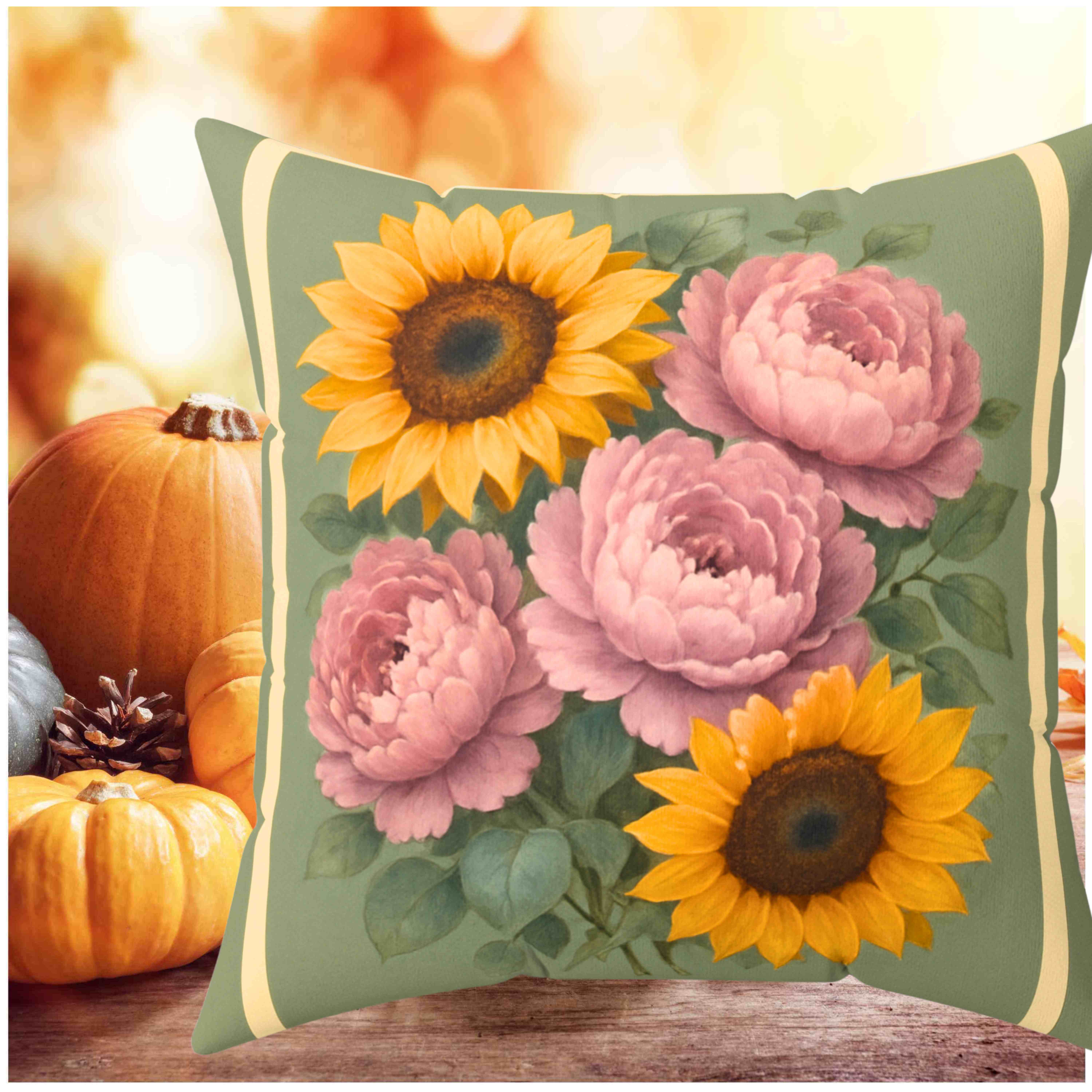 Soft Green Peony &amp; Sunflower Throw Pillow with Insert – Pale Pink Peonies Double-Sided Romantic Cottage Farmhouse Floral Cushion product thumbnail image