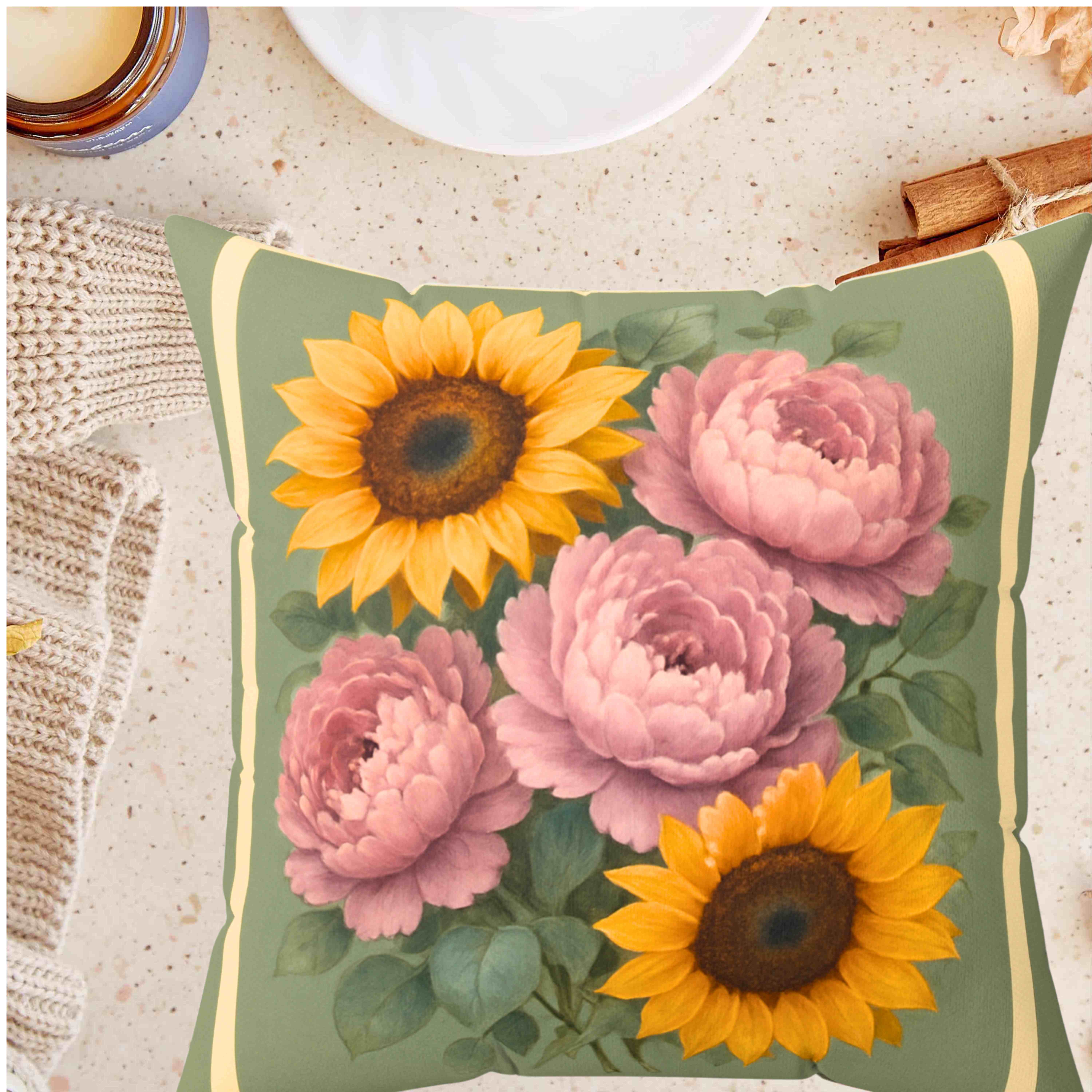 Soft Green Peony &amp; Sunflower Throw Pillow with Insert – Pale Pink Peonies Double-Sided Romantic Cottage Farmhouse Floral Cushion product thumbnail image