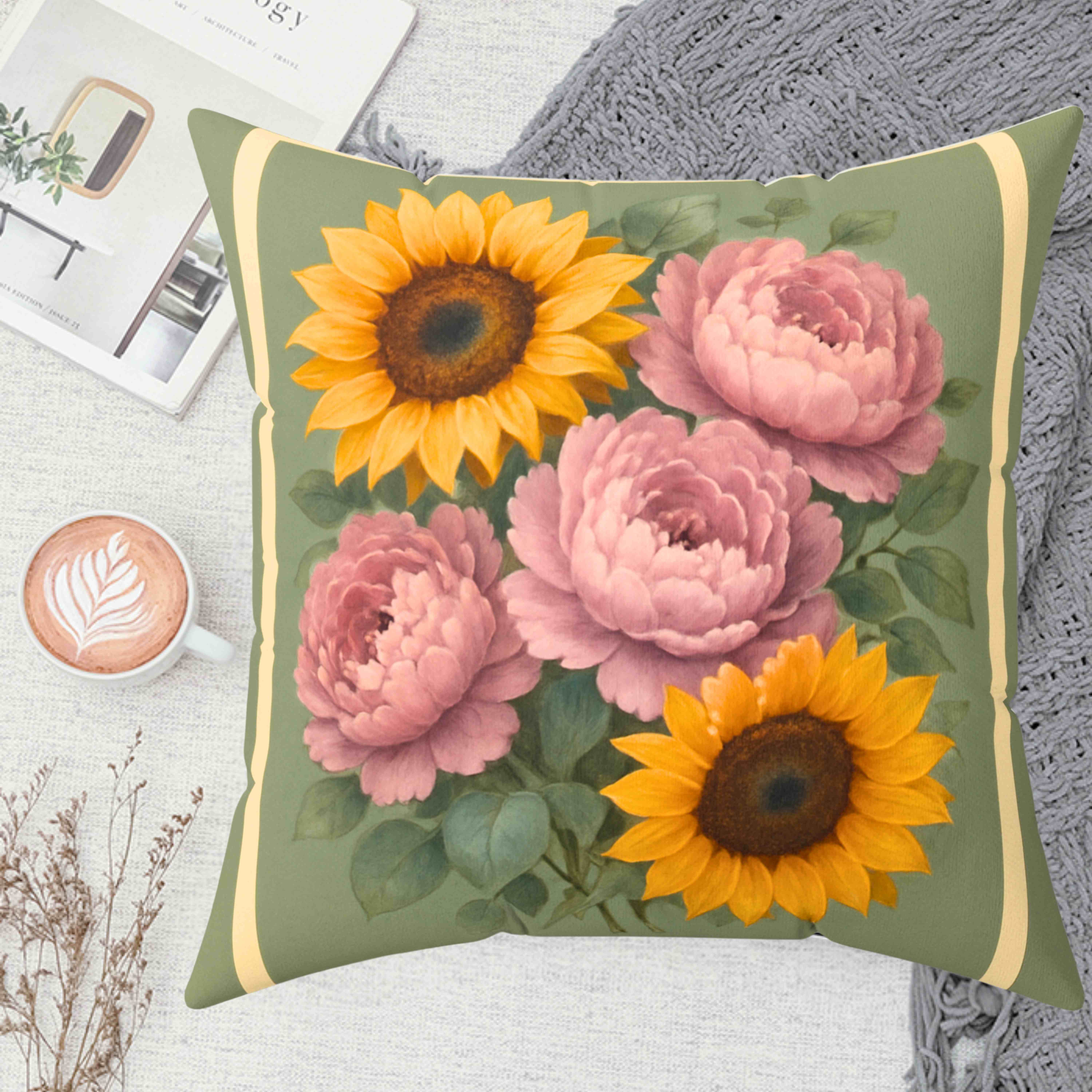 Soft Green Peony &amp; Sunflower Throw Pillow with Insert – Pale Pink Peonies Double-Sided Romantic Cottage Farmhouse Floral Cushion product thumbnail image