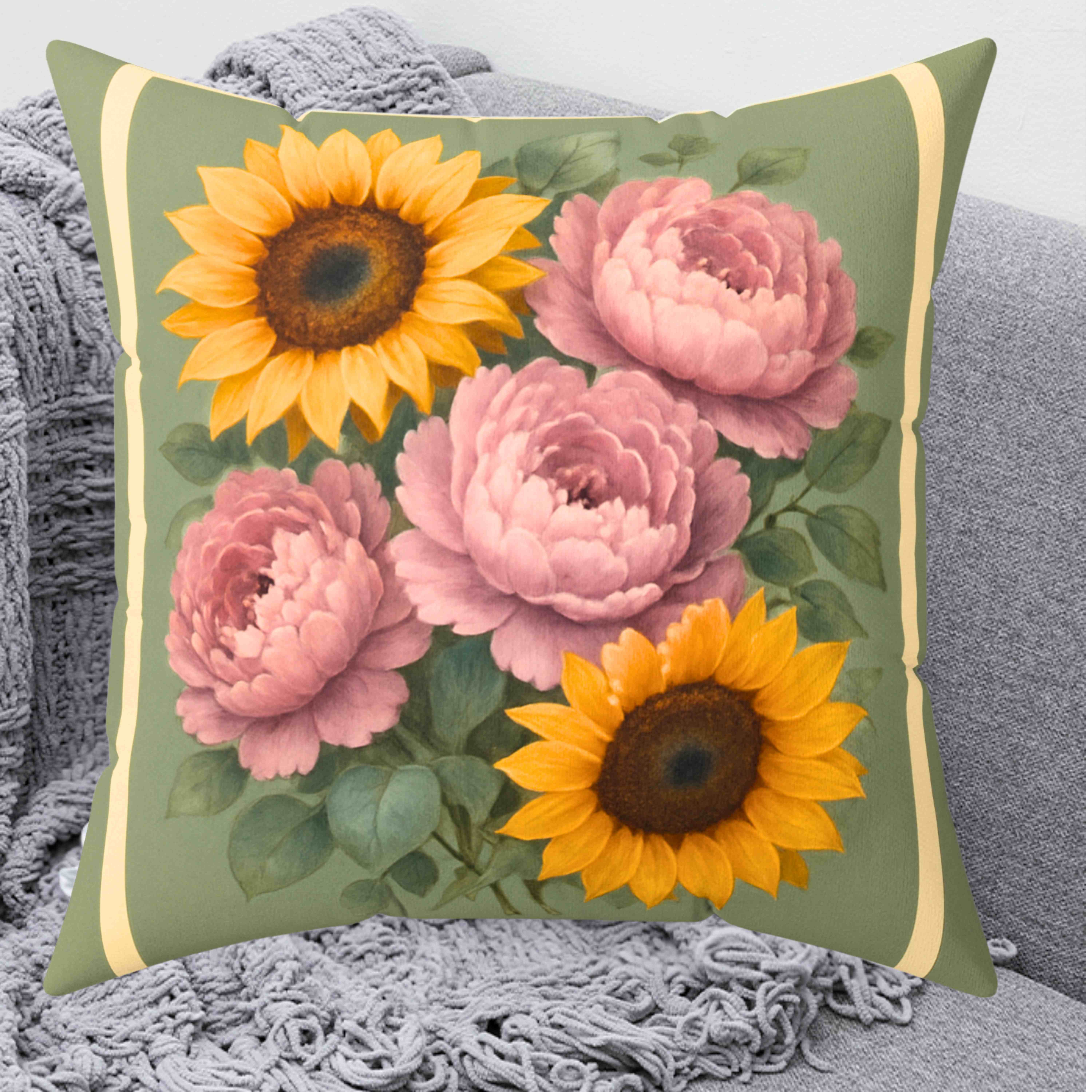 Soft Green Peony &amp; Sunflower Throw Pillow with Insert – Pale Pink Peonies Double-Sided Romantic Cottage Farmhouse Floral Cushion product thumbnail image