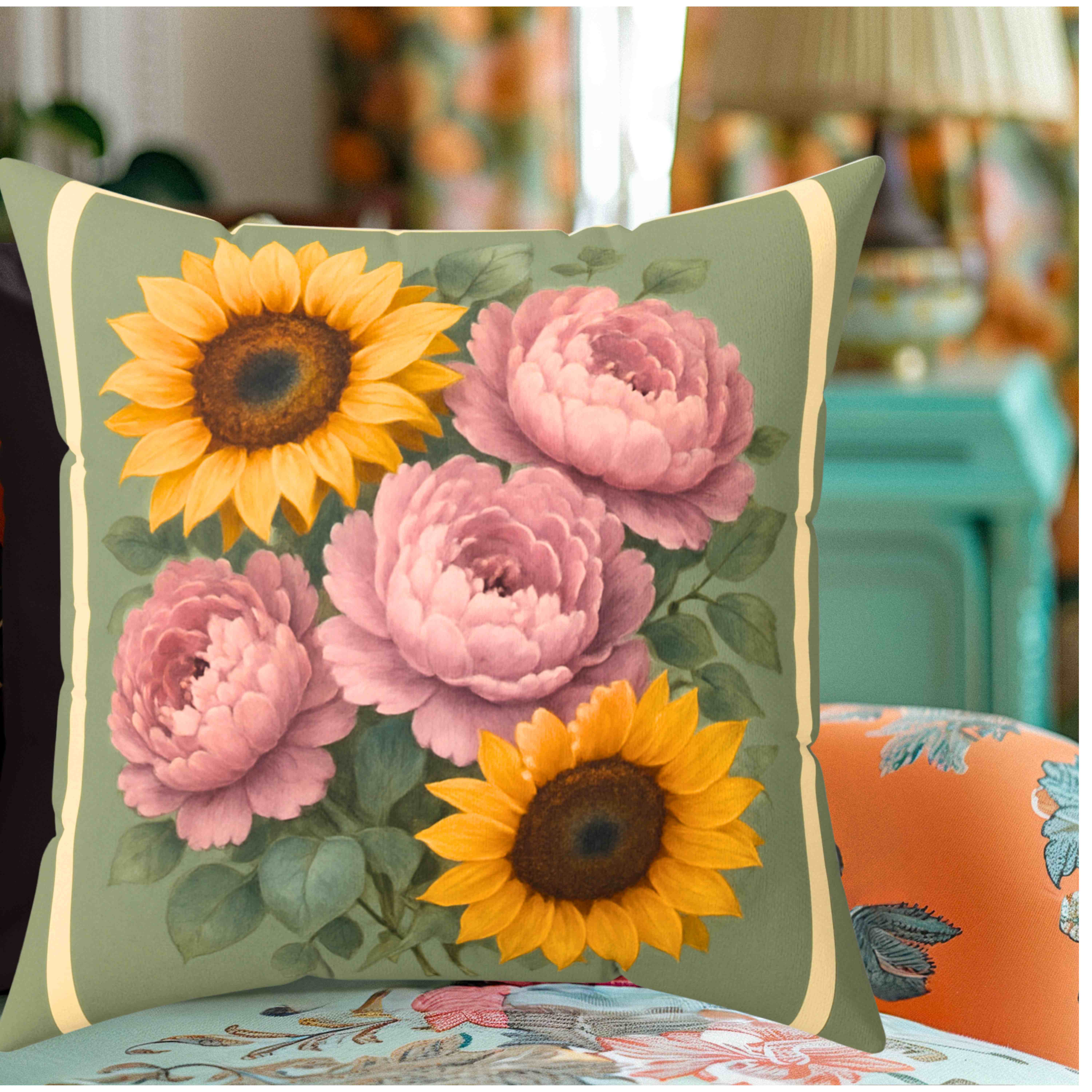 Soft Green Peony &amp; Sunflower Throw Pillow with Insert – Pale Pink Peonies Double-Sided Romantic Cottage Farmhouse Floral Cushion