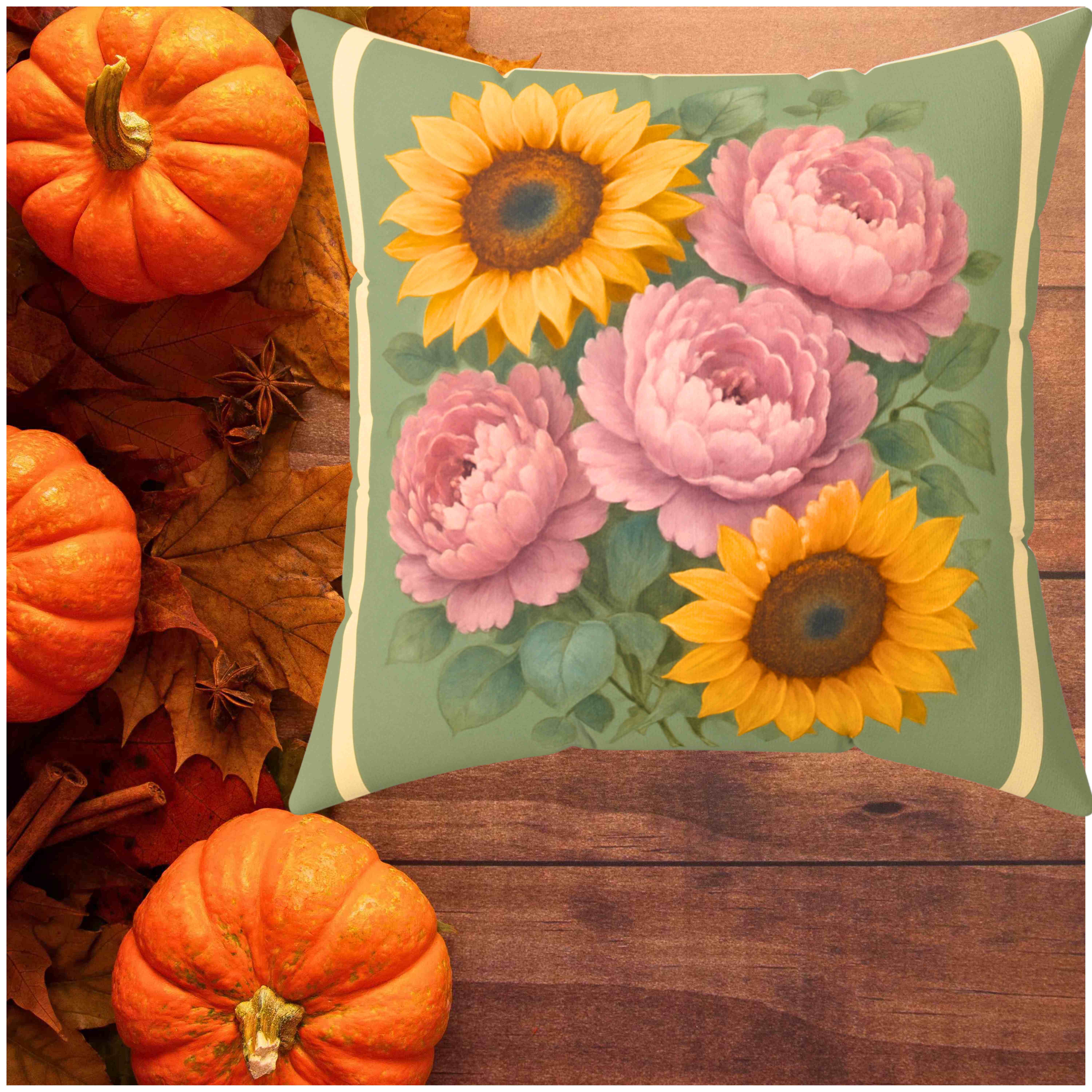 Soft Green Peony &amp; Sunflower Throw Pillow with Insert – Pale Pink Peonies Double-Sided Romantic Cottage Farmhouse Floral Cushion product thumbnail image