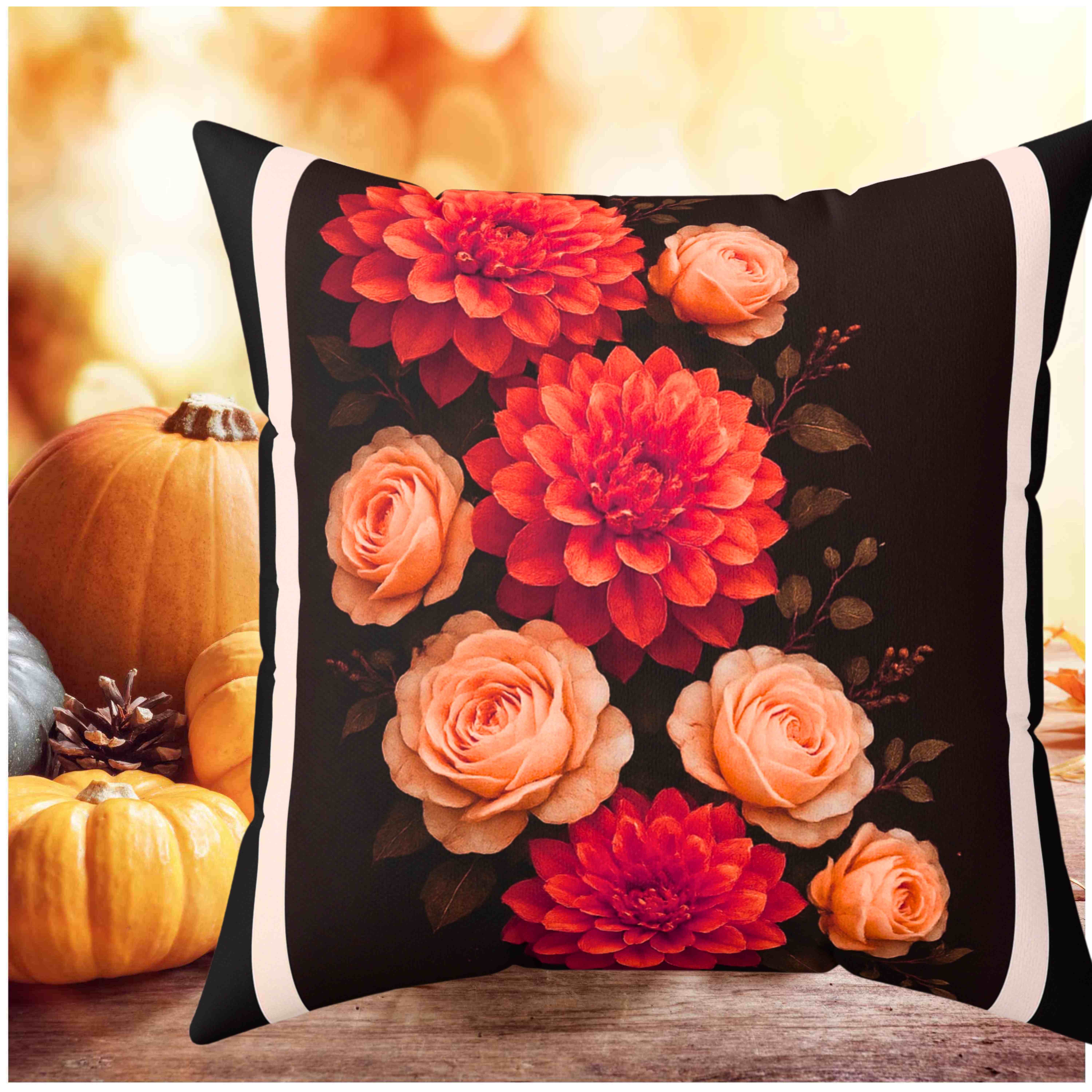 Burnt-Orange Dahlia &amp; Light-Orange Rose Throw Pillow with Insert – Chocolate Brown Double-Sided Fall Floral Home Décor Cushion product thumbnail image