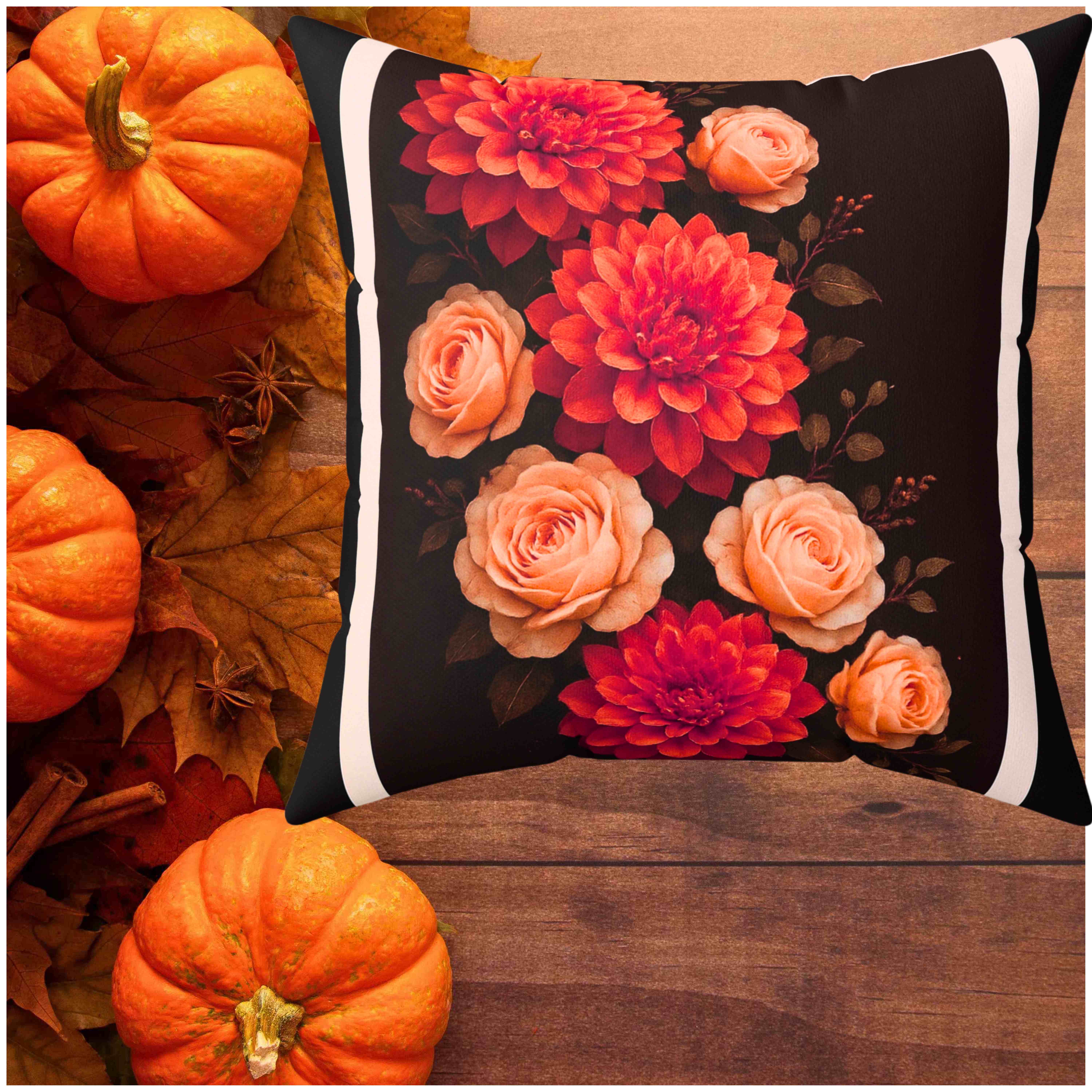 Burnt-Orange Dahlia &amp; Light-Orange Rose Throw Pillow with Insert – Chocolate Brown Double-Sided Fall Floral Home Décor Cushion product thumbnail image