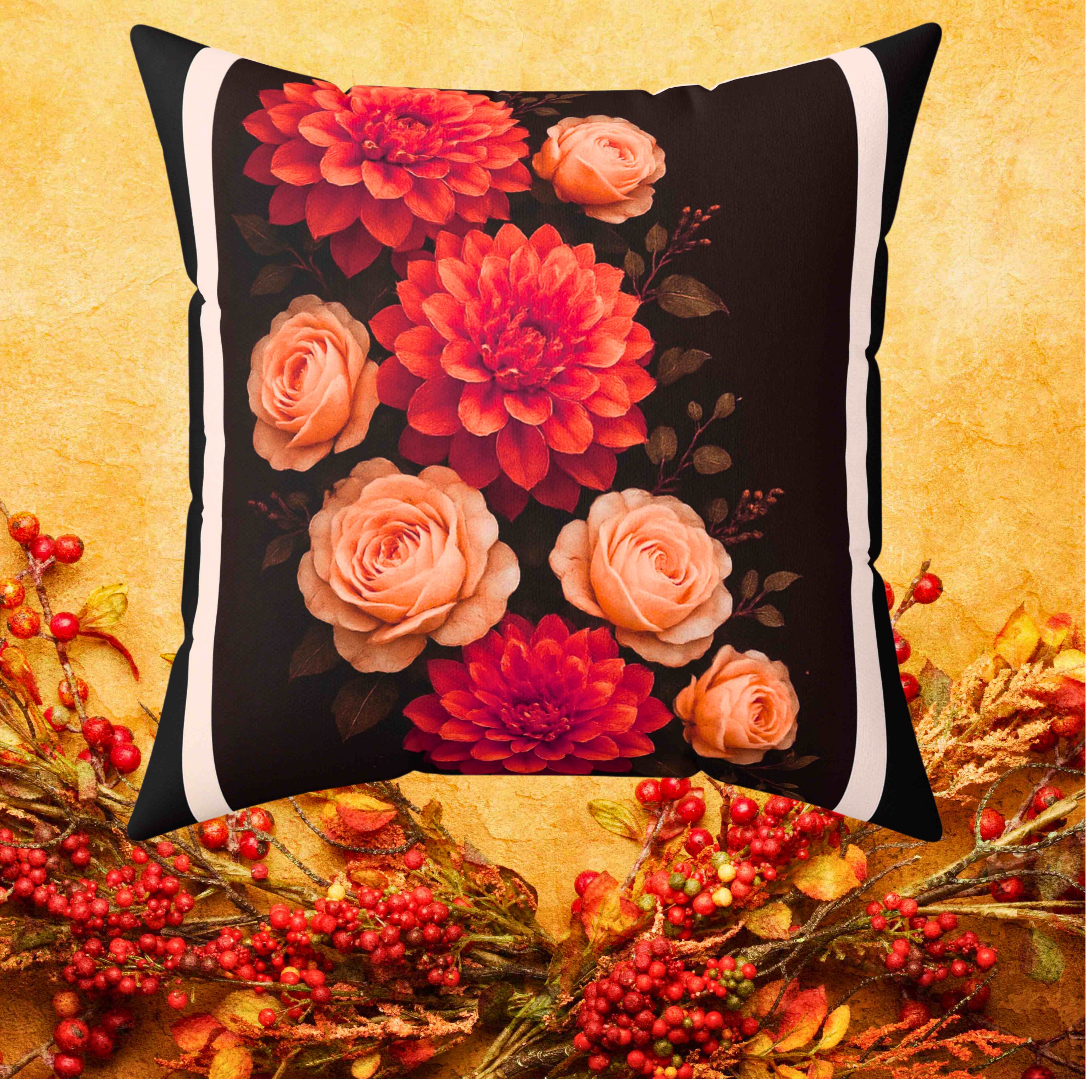 Burnt-Orange Dahlia &amp; Light-Orange Rose Throw Pillow with Insert – Chocolate Brown Double-Sided Fall Floral Home Décor Cushion product thumbnail image