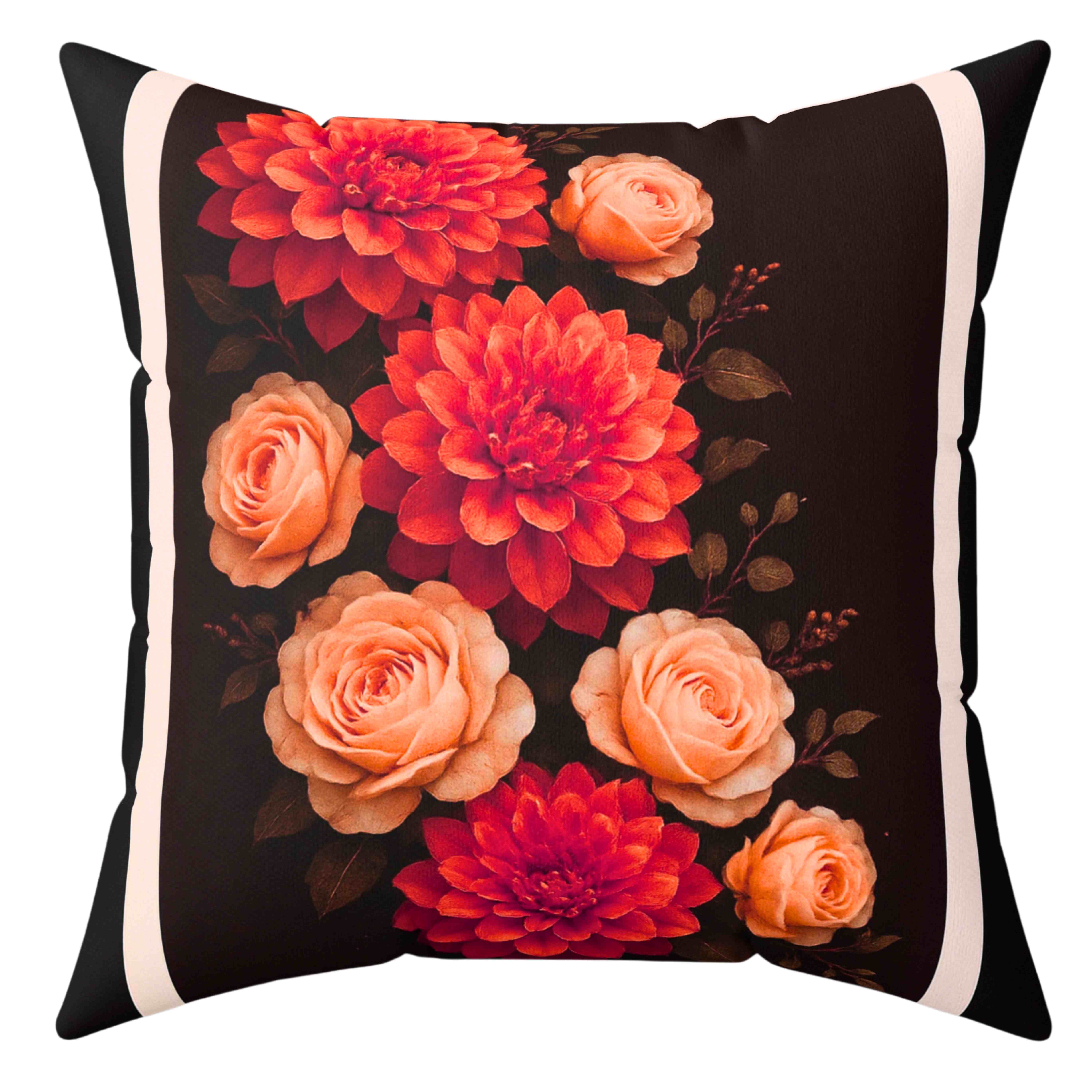Burnt-Orange Dahlia &amp; Light-Orange Rose Throw Pillow with Insert – Chocolate Brown Double-Sided Fall Floral Home Décor Cushion product thumbnail image