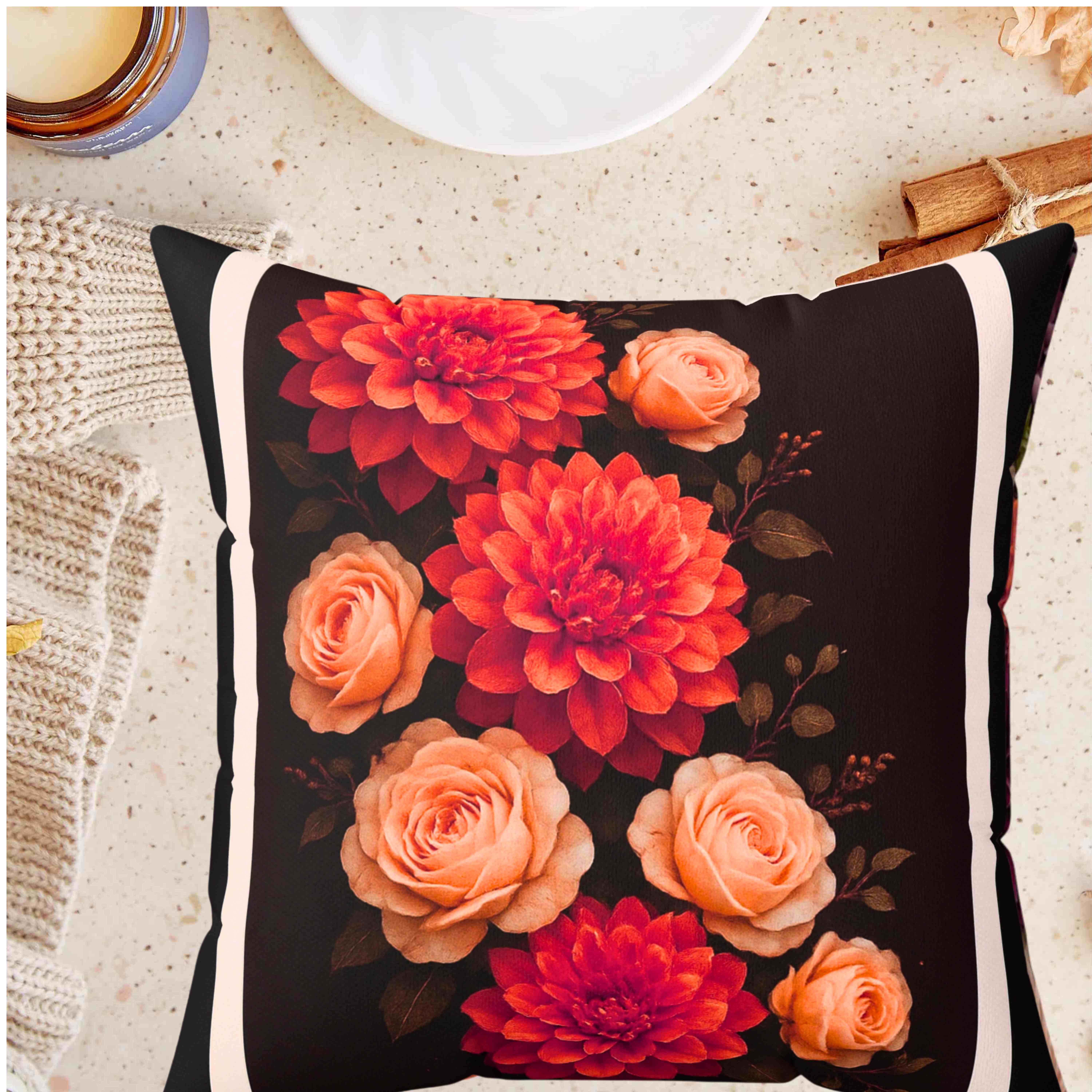 Burnt-Orange Dahlia &amp; Light-Orange Rose Throw Pillow with Insert – Chocolate Brown Double-Sided Fall Floral Home Décor Cushion product thumbnail image