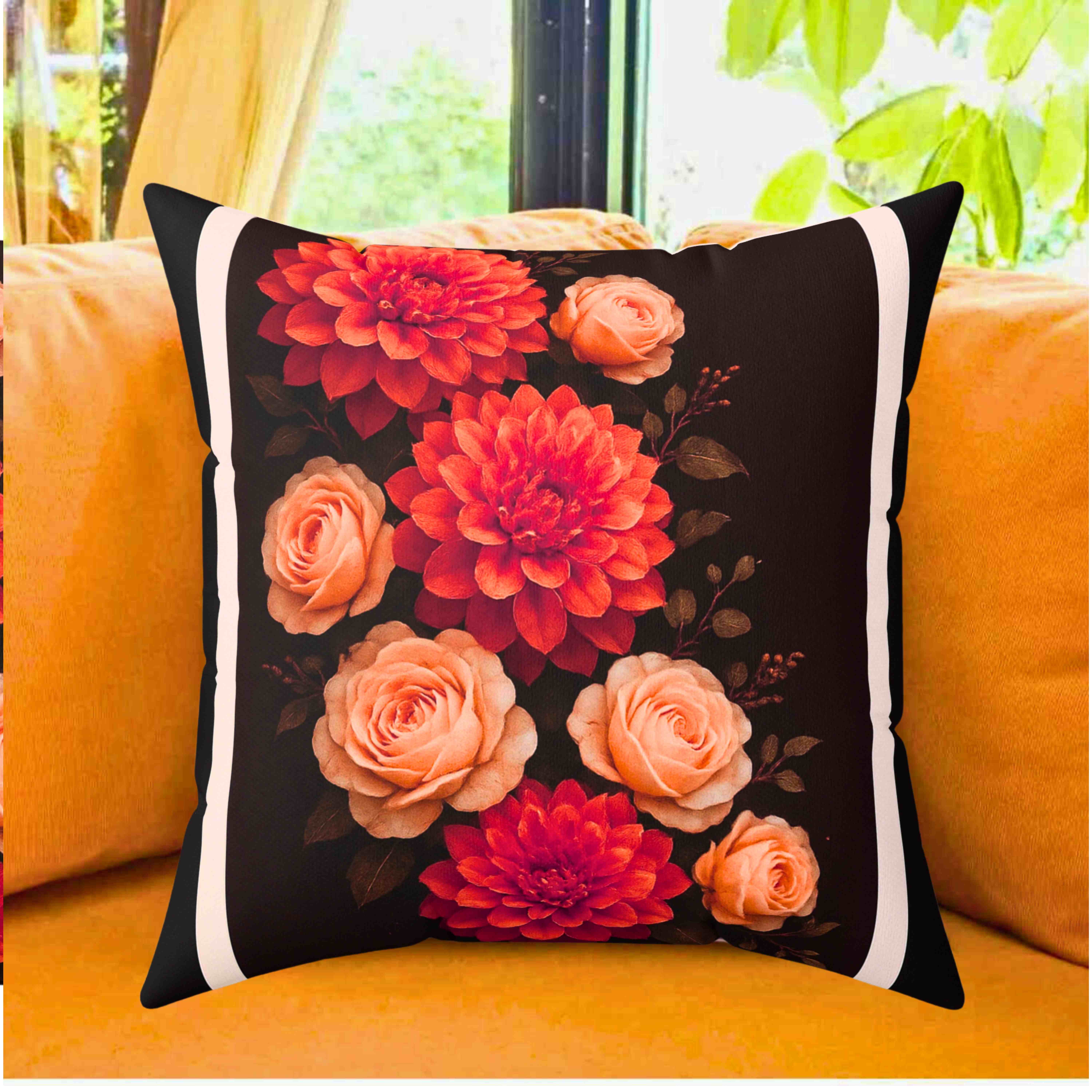 Burnt-Orange Dahlia &amp; Light-Orange Rose Throw Pillow with Insert – Chocolate Brown Double-Sided Fall Floral Home Décor Cushion product thumbnail image