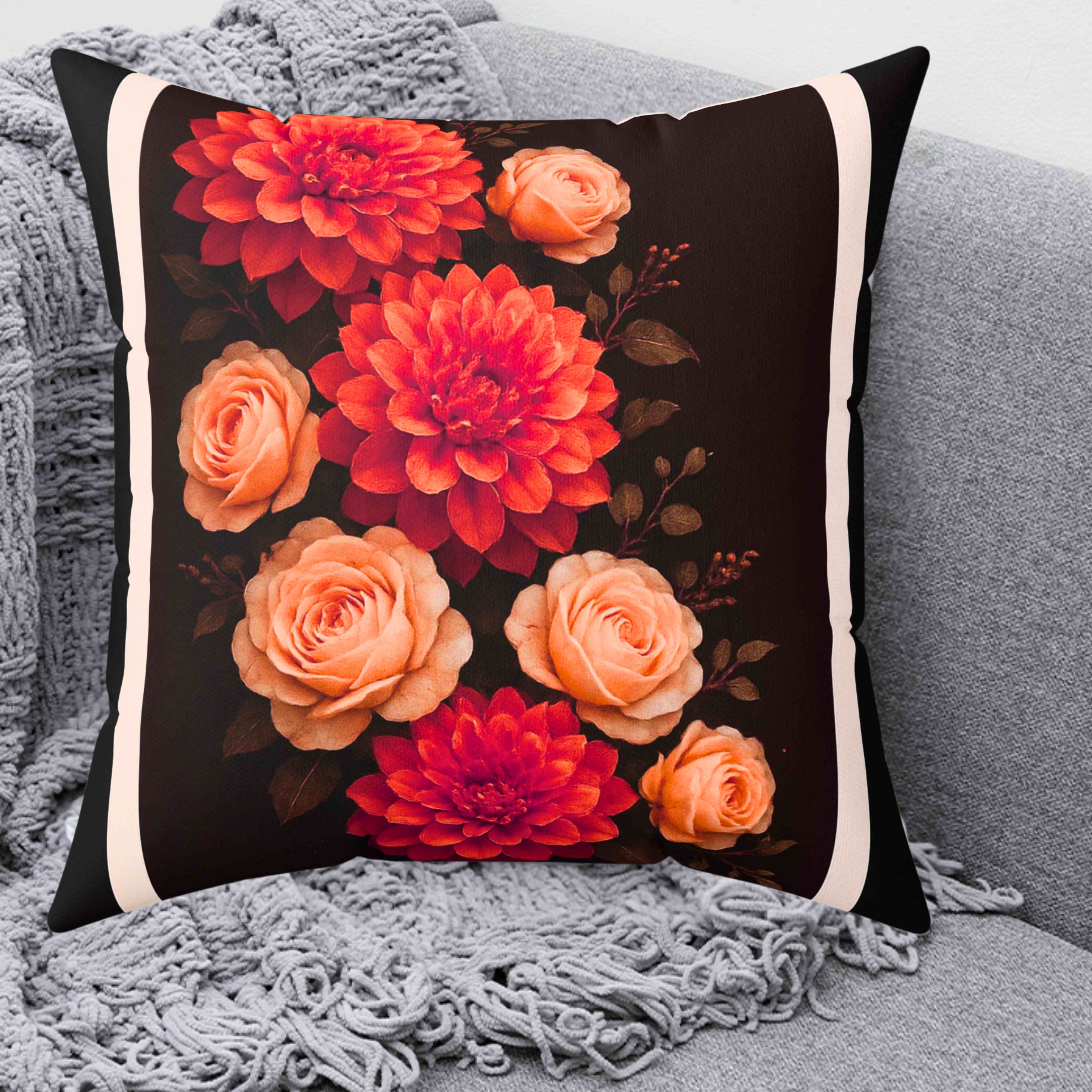 Burnt-Orange Dahlia &amp; Light-Orange Rose Throw Pillow with Insert – Chocolate Brown Double-Sided Fall Floral Home Décor Cushion product thumbnail image
