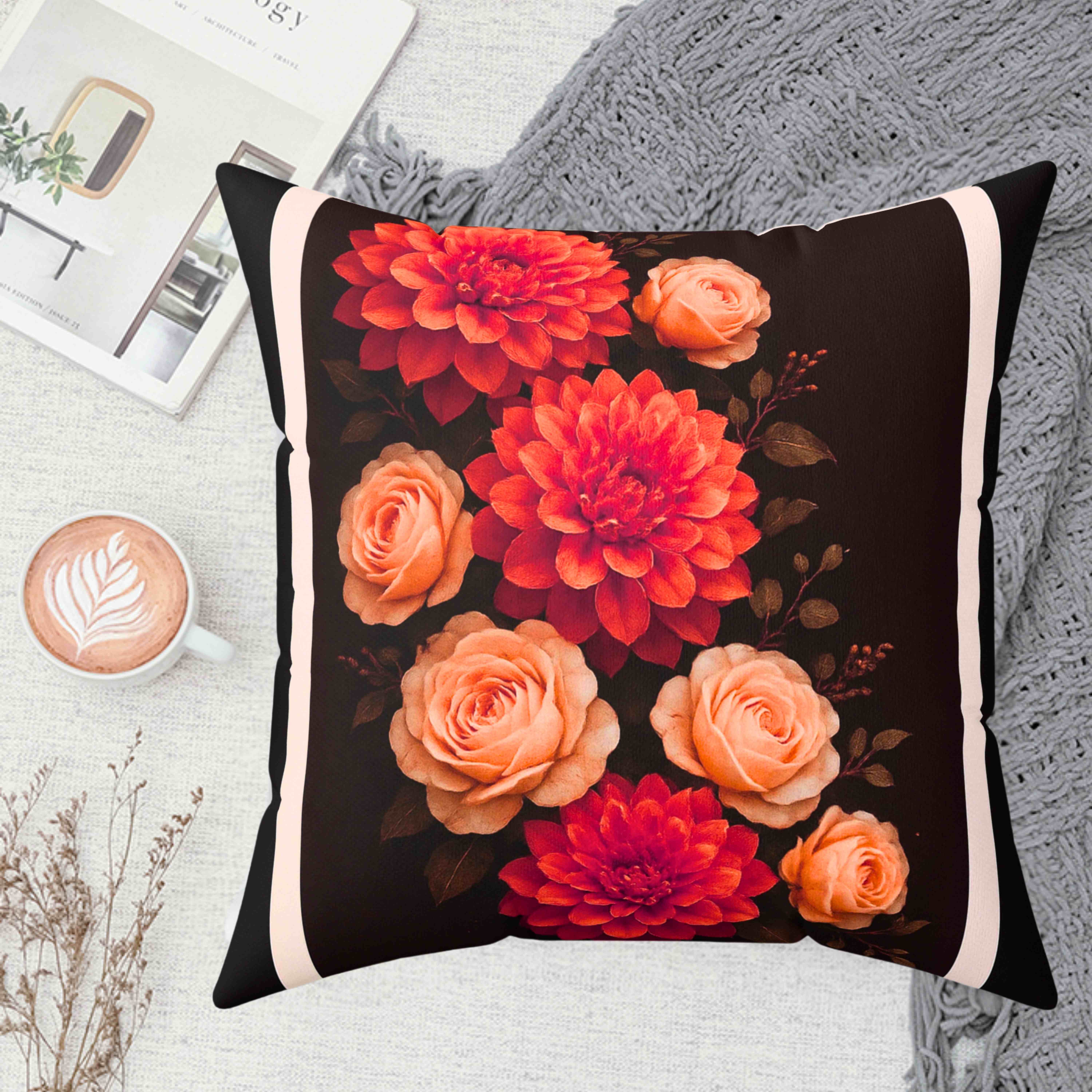 Burnt-Orange Dahlia &amp; Light-Orange Rose Throw Pillow with Insert – Chocolate Brown Double-Sided Fall Floral Home Décor Cushion product thumbnail image