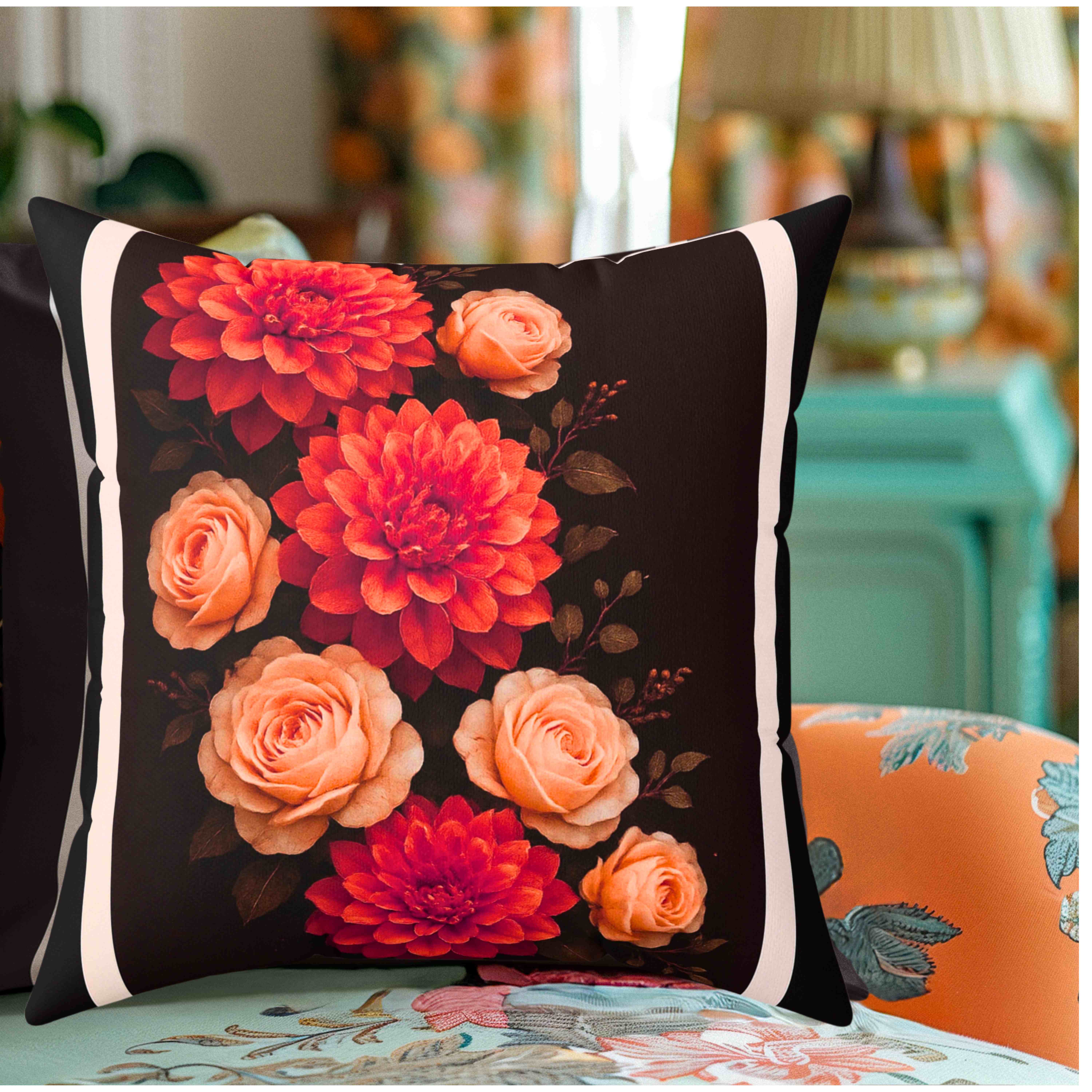 Burnt-Orange Dahlia &amp; Light-Orange Rose Throw Pillow with Insert – Chocolate Brown Double-Sided Fall Floral Home Décor Cushion product thumbnail image