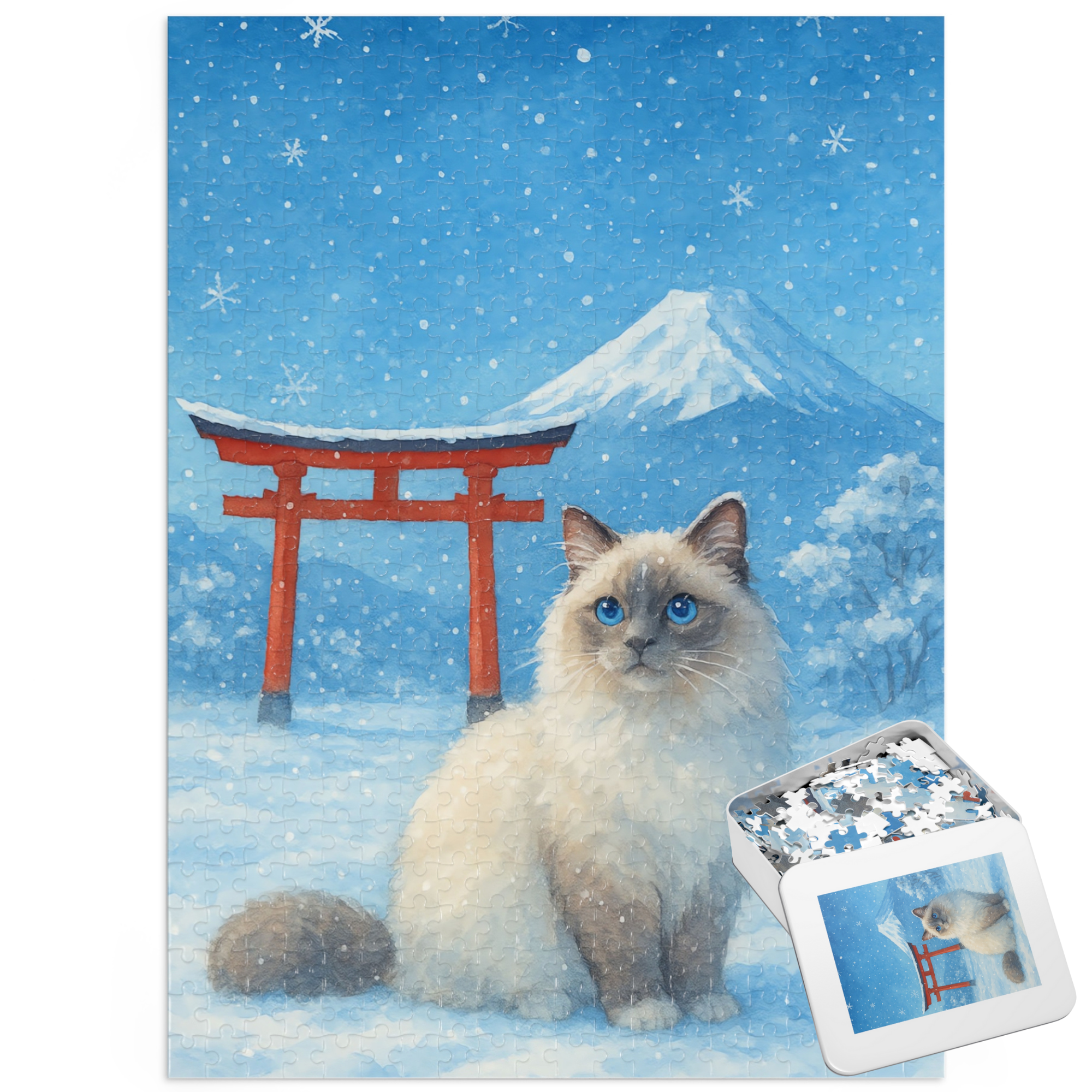 Cozy Winter Scene: A Ragdoll Cat and Mount Fuji Jigsaw Puzzle