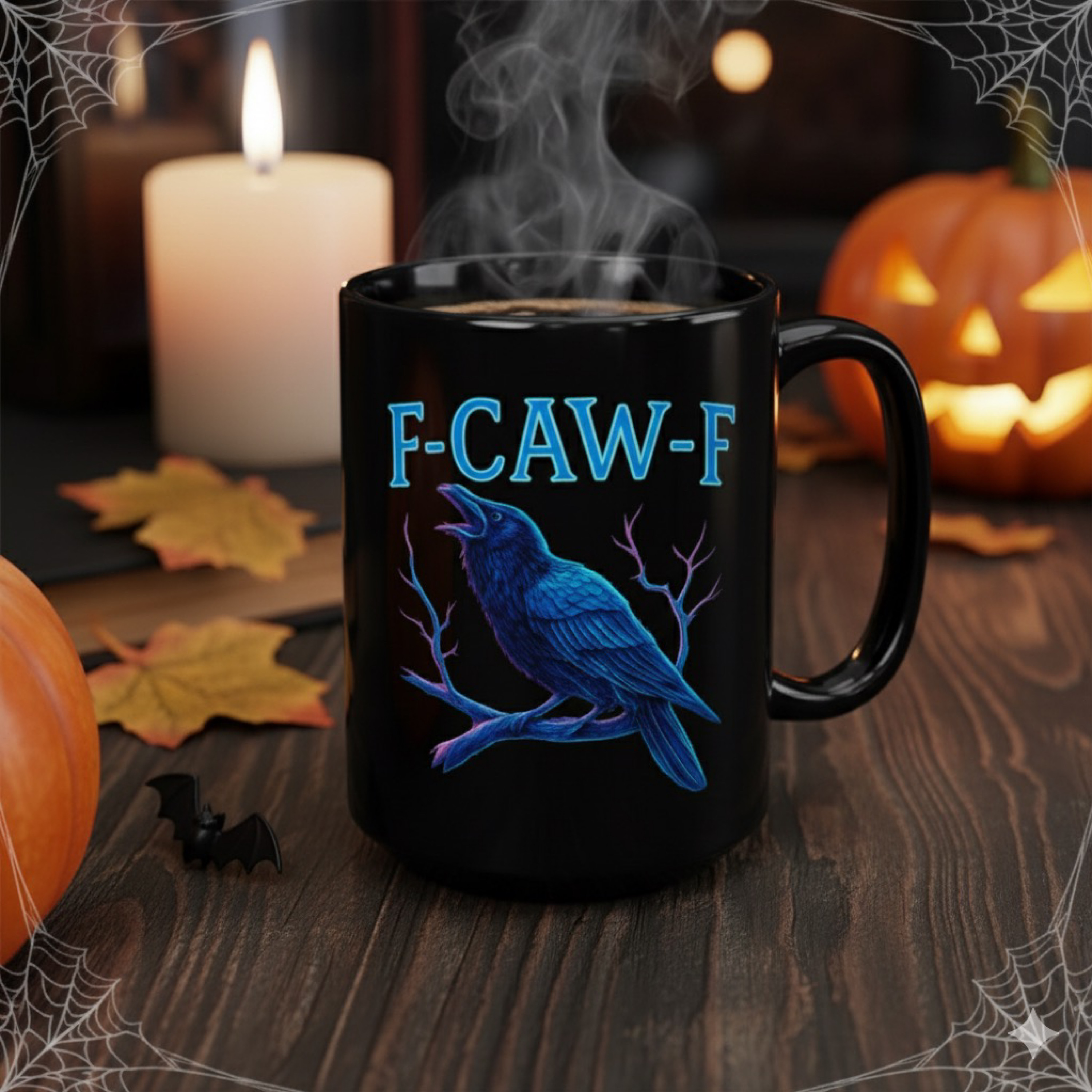 F-CAW-F Raven 2 Sided Coffee Mug | Funny Gothic Crow Cup | Black Ceramic Mug Gift for Bird Lovers, Coffee Drinkers &amp; Dark Humor Fans 15oz