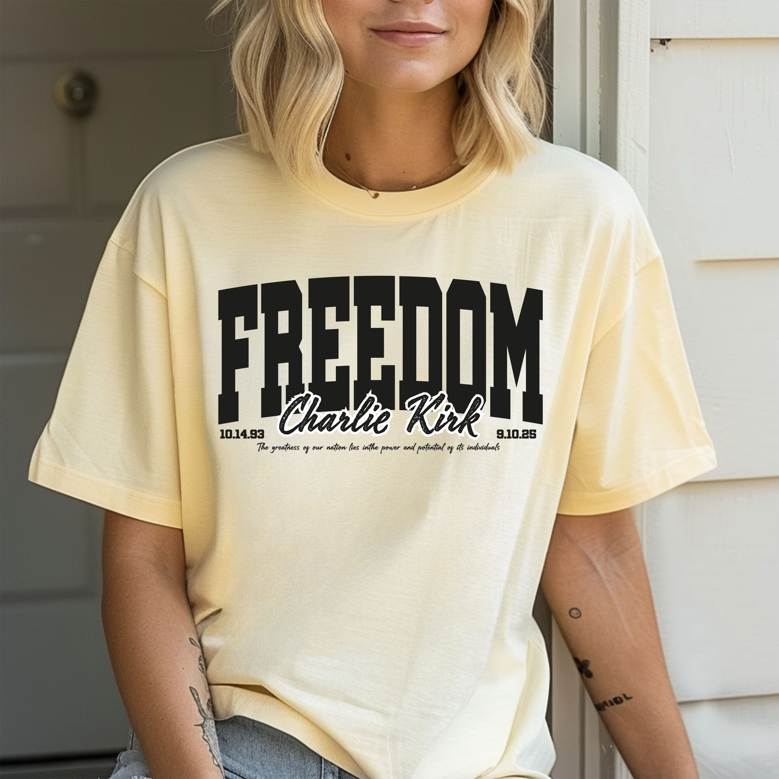 Freedom - Charlie Kirk Tee - Collegiate Style Freedom - Charlie Kirk Tee - Collegiate Style