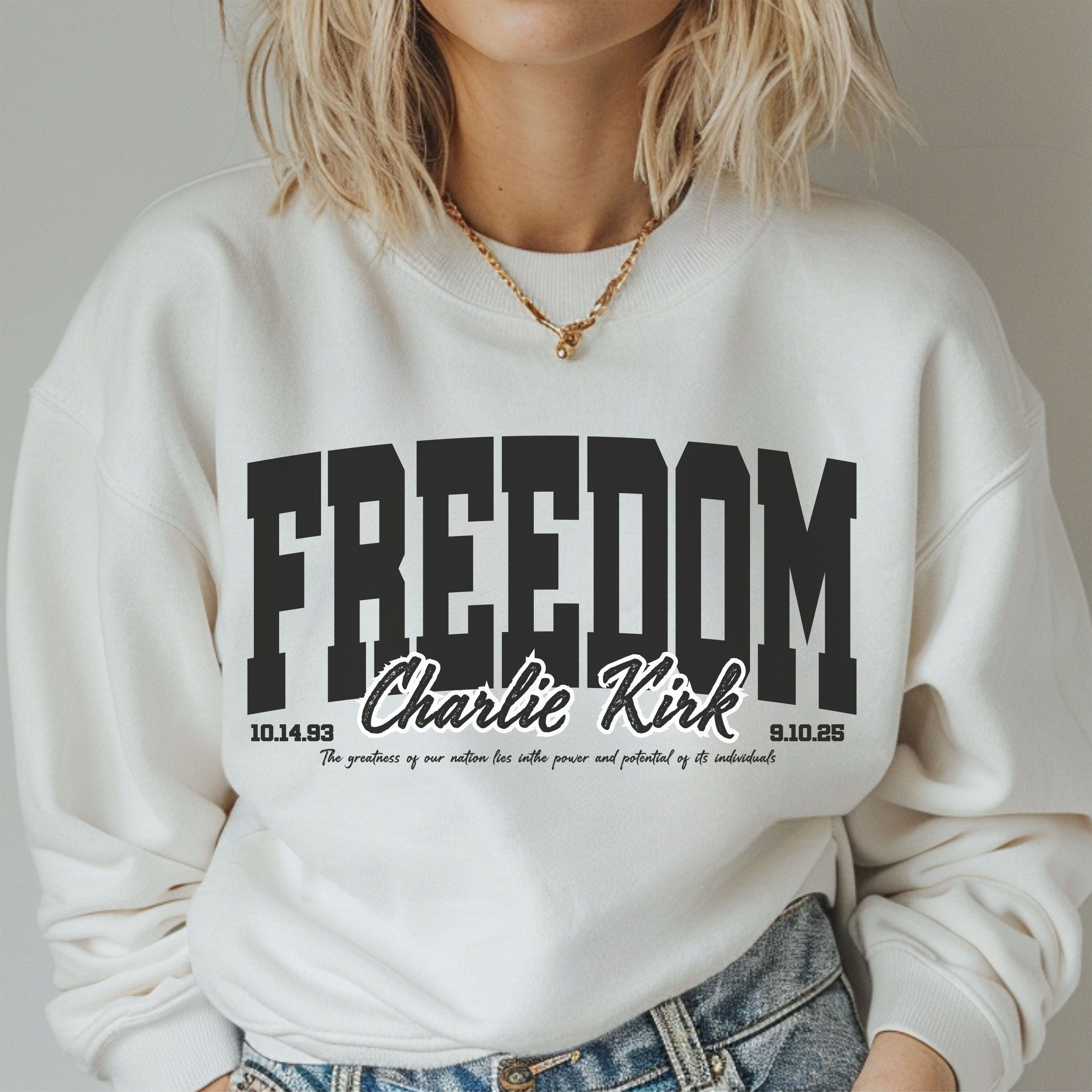 Freedom - Collegiate Style - Charlie Kirk Sweatshirt product thumbnail image Freedom - Collegiate Style - Charlie Kirk Sweatshirt product thumbnail image