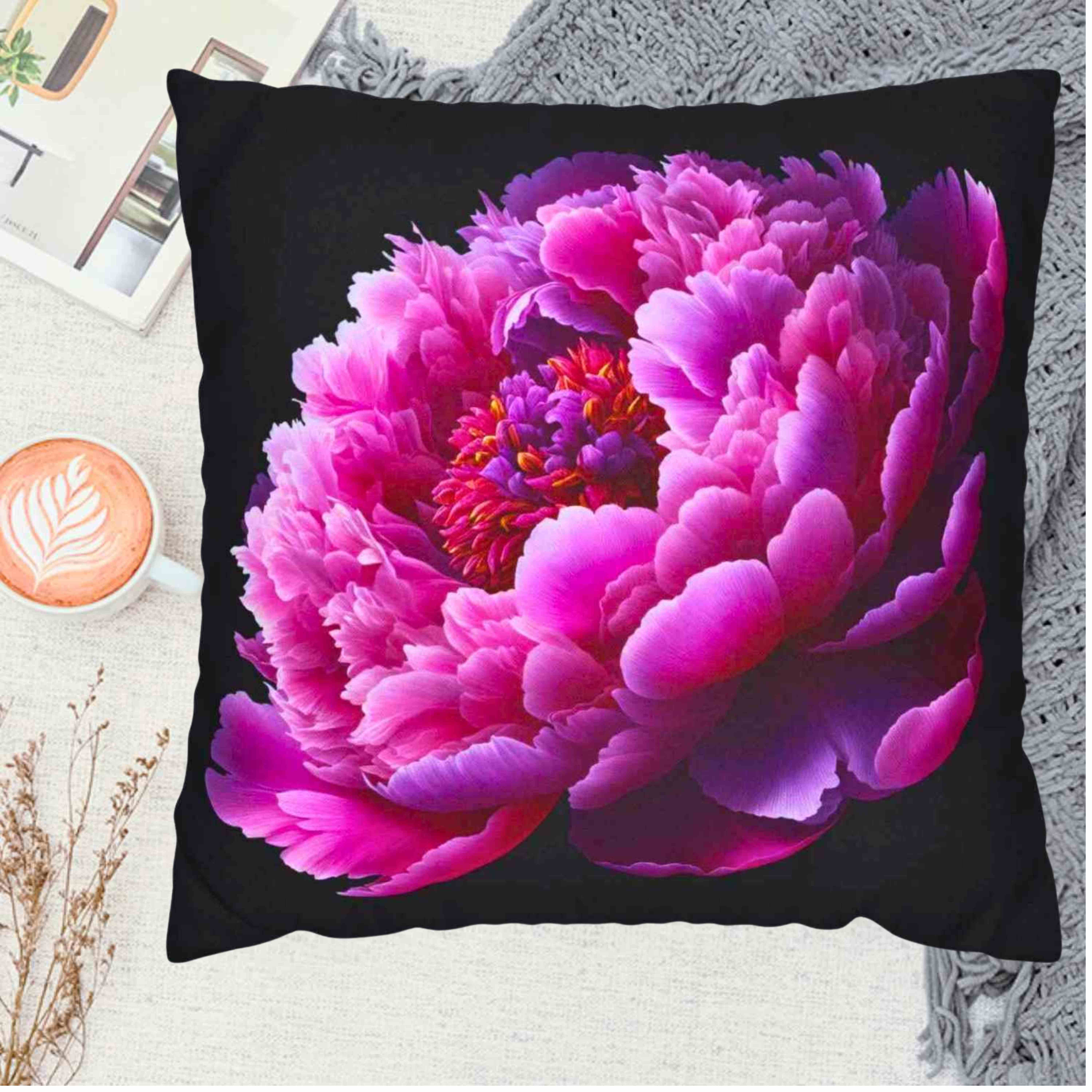 Pink Peony Floral Pillow – Romantic Bloom on Black Canvas, Double-Sided Decorative Throw Cushion for Bedroom, Sofa or Living Room Décor product thumbnail image